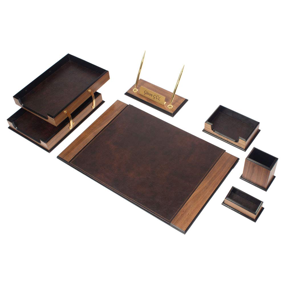Premium 8-Piece Leather & Wood Desk Organizer Set with Double Tray, Personalized Desk Mat - Luxury Office Accessories for Home & Executive Workspaces