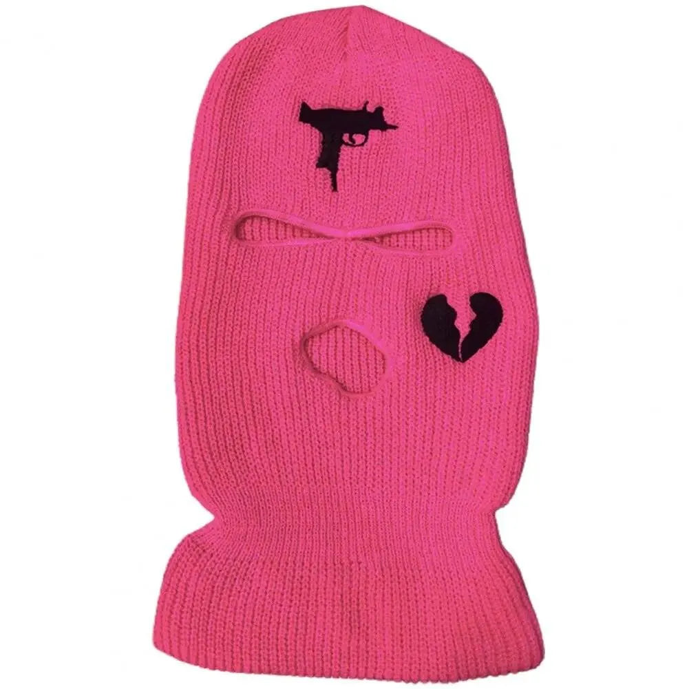 3 Hole Knit Ski Mask Balaclava - Winter Full Face Cover with Heart Embroidery - Thermal Neck Warmer for Cycling, Skiing & Outdoor Activities - Y2K Fashion Face Mask for Cold Weather Protection