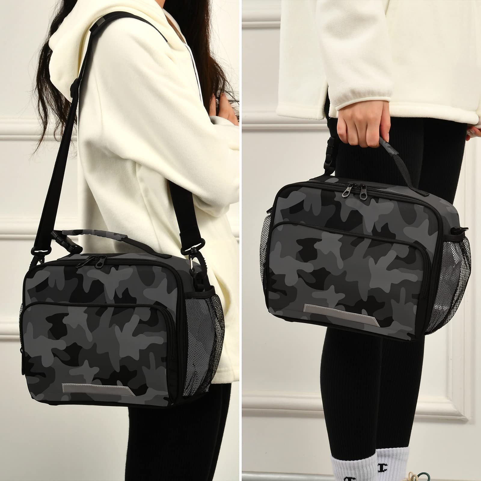 Xigua Insulated Lunch Bag with Detachable Shoulder Strap - Dark Black Monochrome Camo Cooler Tote for School, Office, Picnic & Travel | Leakproof Food Container for Men & Women | Perfect for Work Lunch, Beach Trips & Outdoor Activities