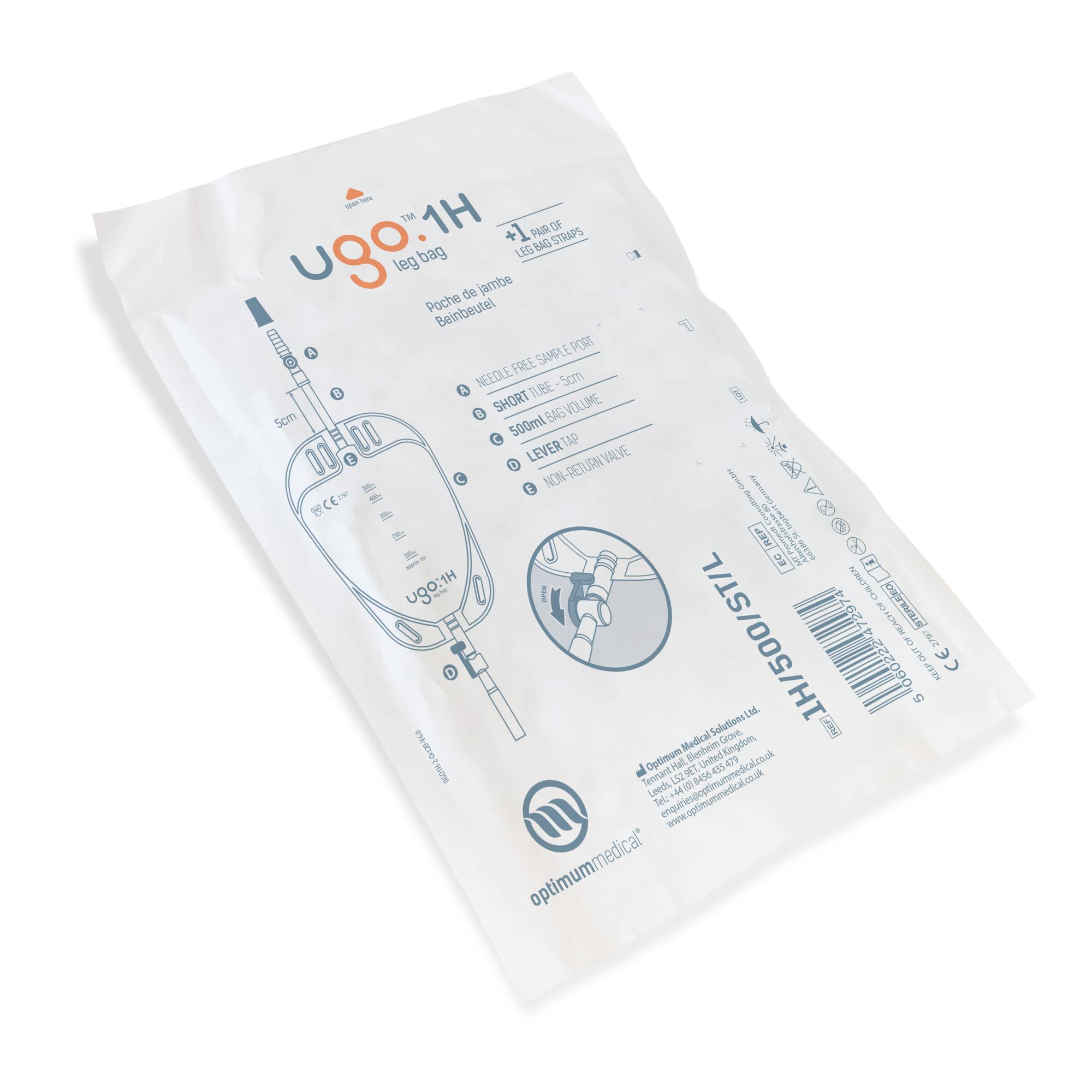 Ugo Leg Bags (Pack of 10) - 500ml Urine Drainage Bags for Catheter with Soft Fabric Backing, T-Tap or Lever Tap, Natural Leg-Shape Design - Ideal for Post-Surgery, Travel & Daily Use (Ugo 1H, Short Tube)