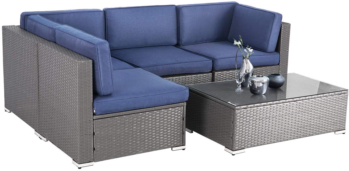 5-Piece All-Weather Outdoor Patio Furniture Set - Grey Wicker Sectional Sofa with Dark Blue Cushions & Glass Coffee Table - Perfect for Backyard, Garden, Poolside or Deck Relaxation