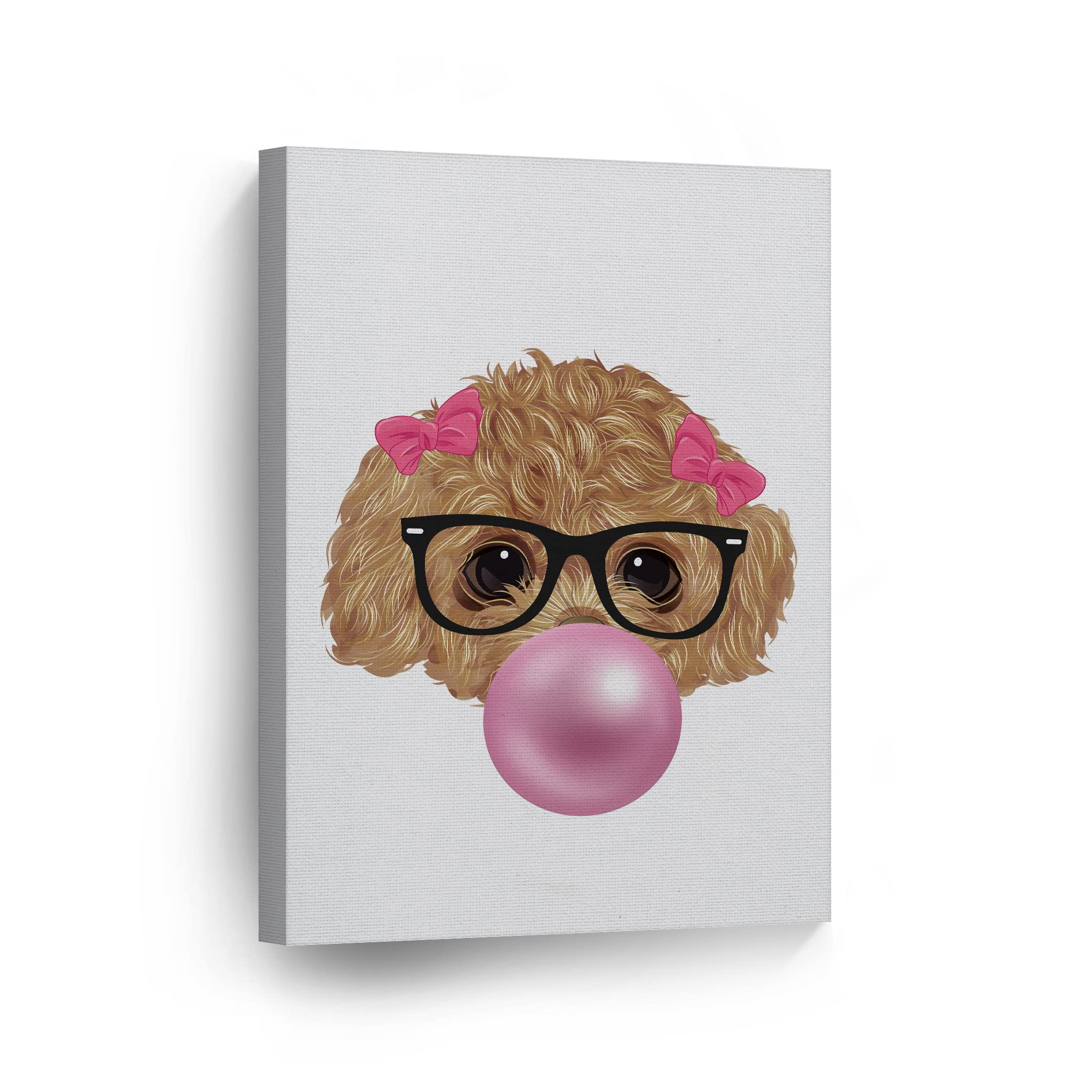 Smile Art Design Toy Poodle Puppy Portrait with Glasses Chewing Bubble Gum - Canvas Wall Art Print for Dog Lovers, Pop Art Decor for Living Room, Bedroom, Nursery - Perfect Gift for Pet Owners (36x24)