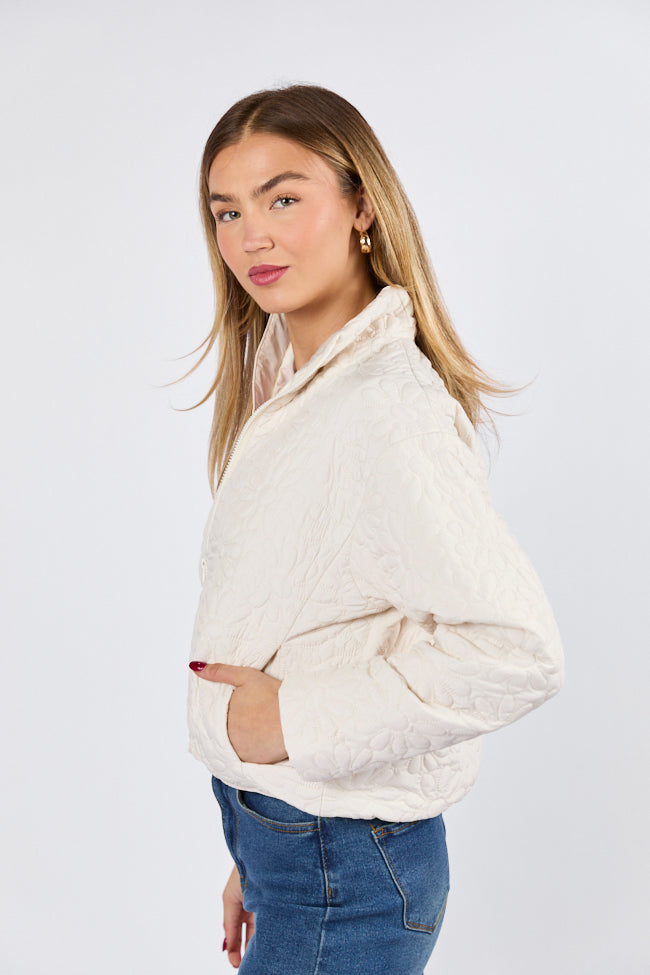Full Bloom Cream Floral Quilted Zip Up Jacket for Women - Lightweight Spring Outerwear for Casual Wear & Outdoor Activities