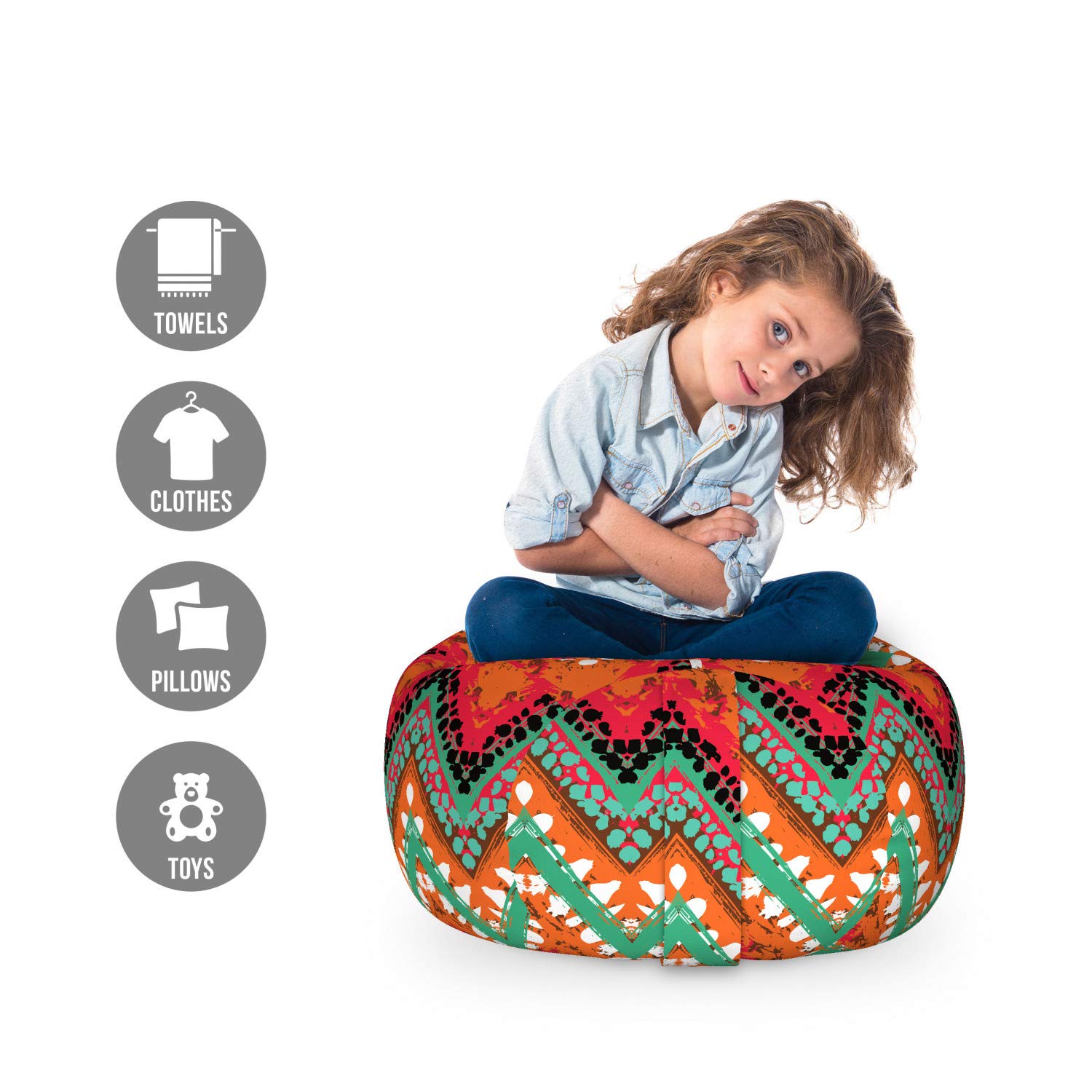 Ambesonne Tribal Toy Storage Bag Chair - Hand-Painted Zigzag Brushstroke Design, Washable Stuffed Animal Organizer, Small Size in Sea Green & Marigold - Perfect for Kids' Room, Playroom & Nursery Organization