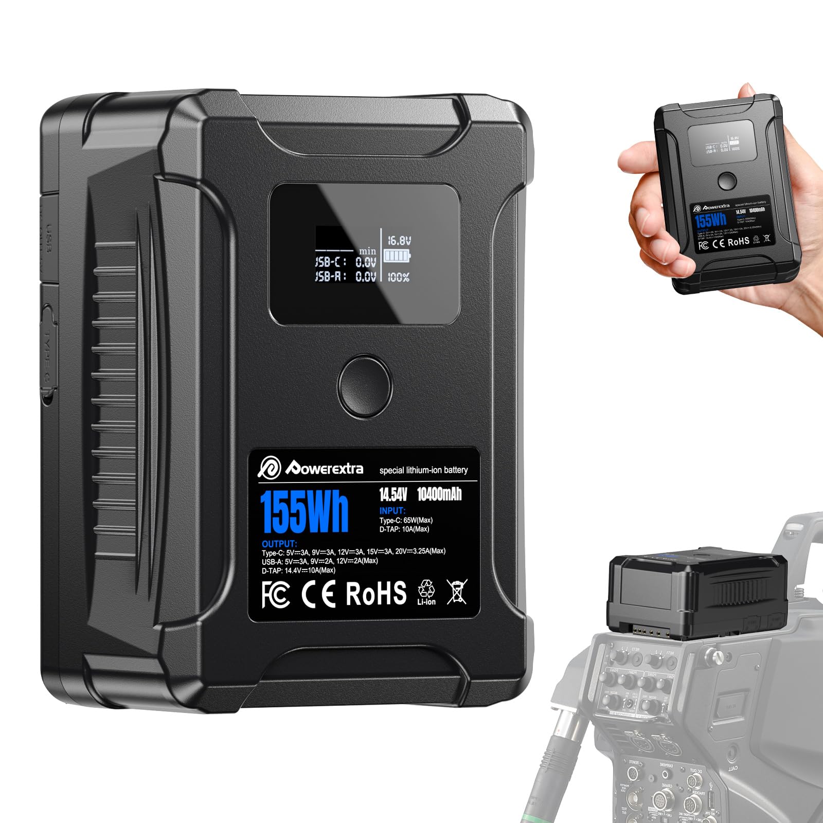 Powerextra 155Wh V Mount Battery with 65W USB-C Fast Charging | D-TAP, USB-A & Dual DC Ports | OLED Display | Compatible with Cameras, Camcorders, Video Lights & Monitors | Perfect for Professional Videography & Live Streaming