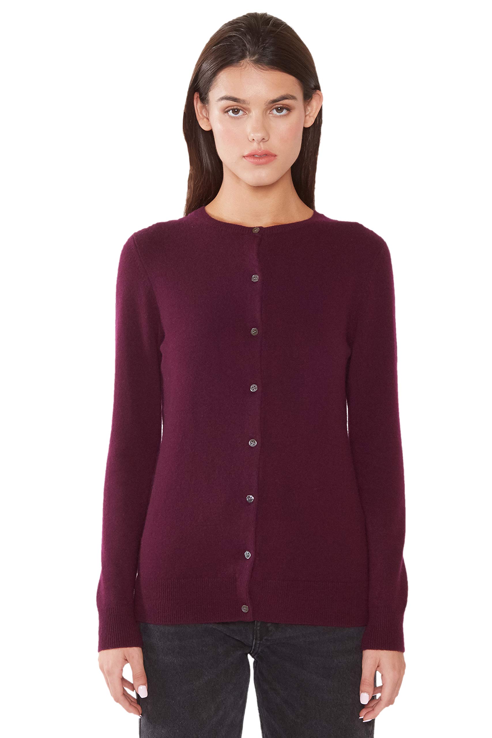 JENNIE LIU Women's 100% Cashmere Button Front Long Sleeve Crewneck Cardigan Sweater - Soft & Warm Winter Knitwear for Office, Travel & Casual Outfits