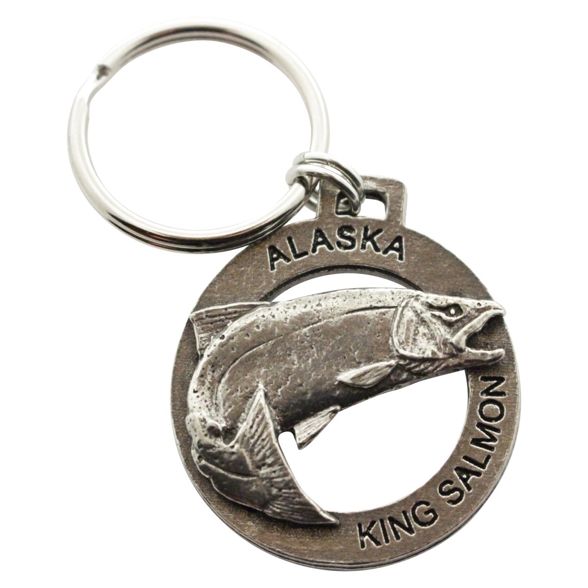 Handmade Pewter Alaska King Salmon Leaping Keychain - 2