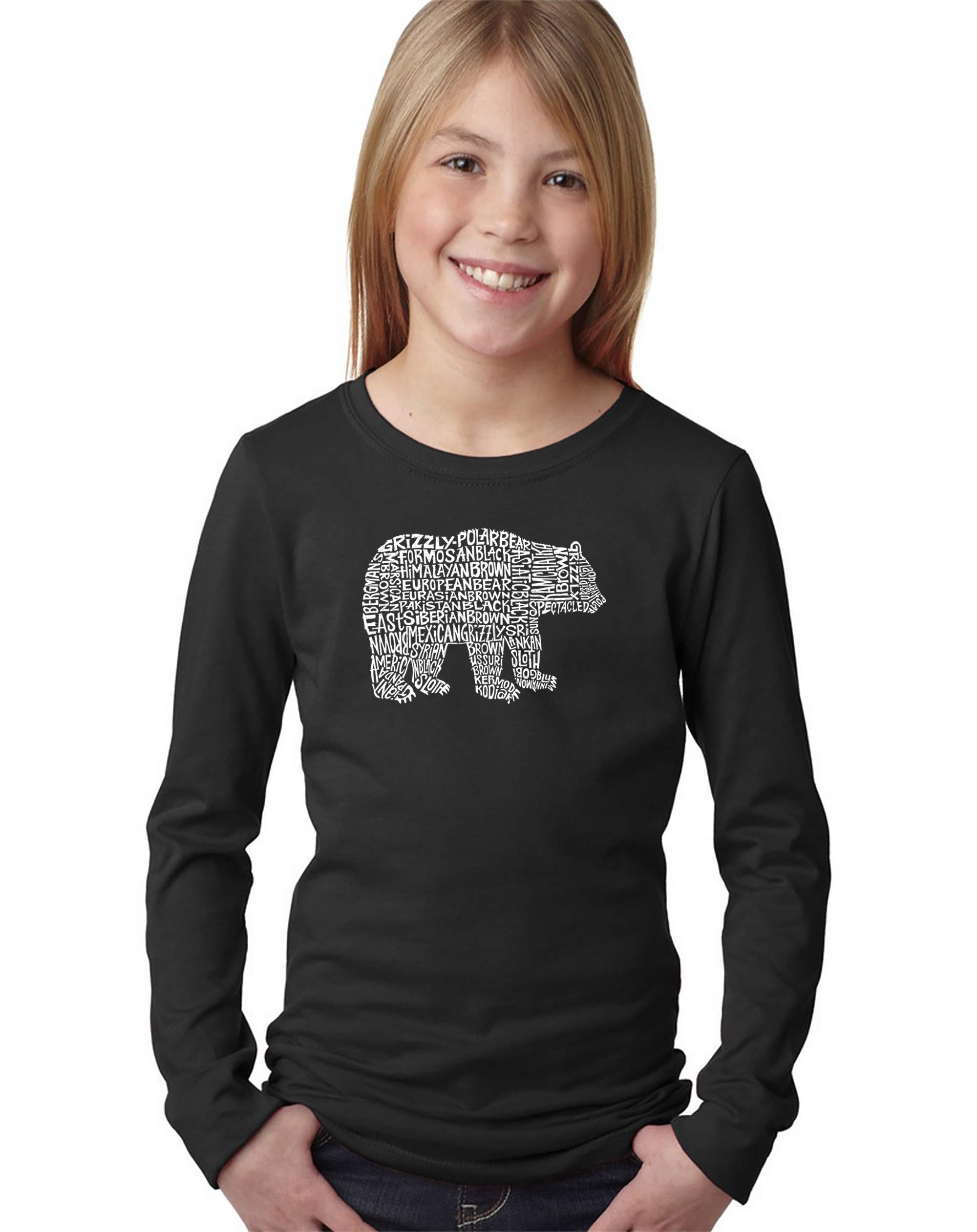 LA POP ART Girls' Word Art Long Sleeve T-Shirt - Cute Bear Design for Kids | Trendy Graphic Tee for School, Playdates & Family Outings
