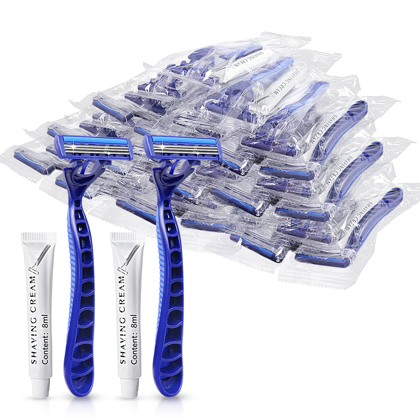 (100 Pack) Kheoxusa 3-Blade Disposable Razors - Individually Wrapped, Smooth Shaving for Men & Women - Perfect for Travel, Airbnb, Hotels, Shelters & Grooming Kits (Dark Blue)
