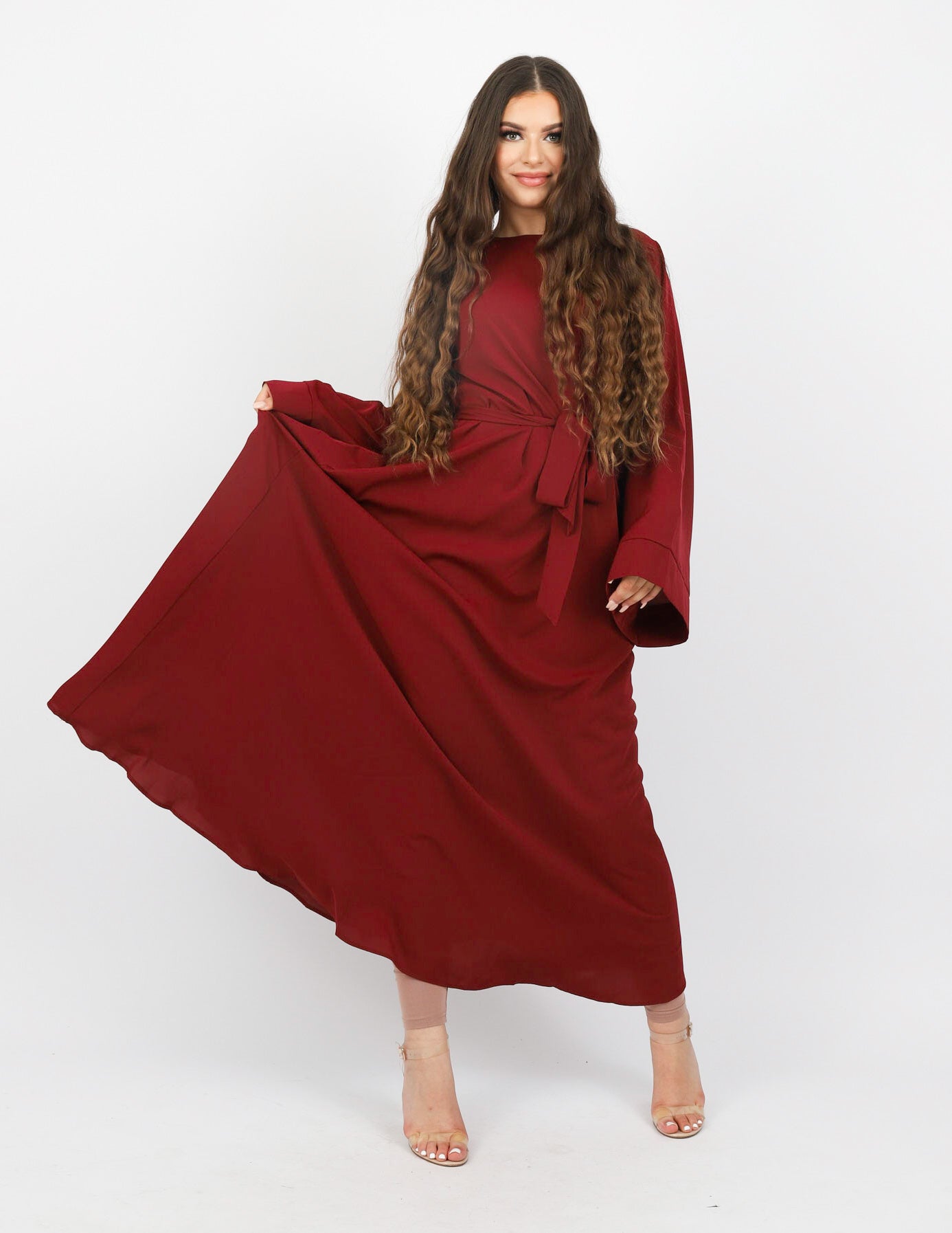 Elegant Open Sleeve Abaya Dress in Shades of Red - Perfect for Muslim Women's Prayer, Special Occasions & Modest Fashion