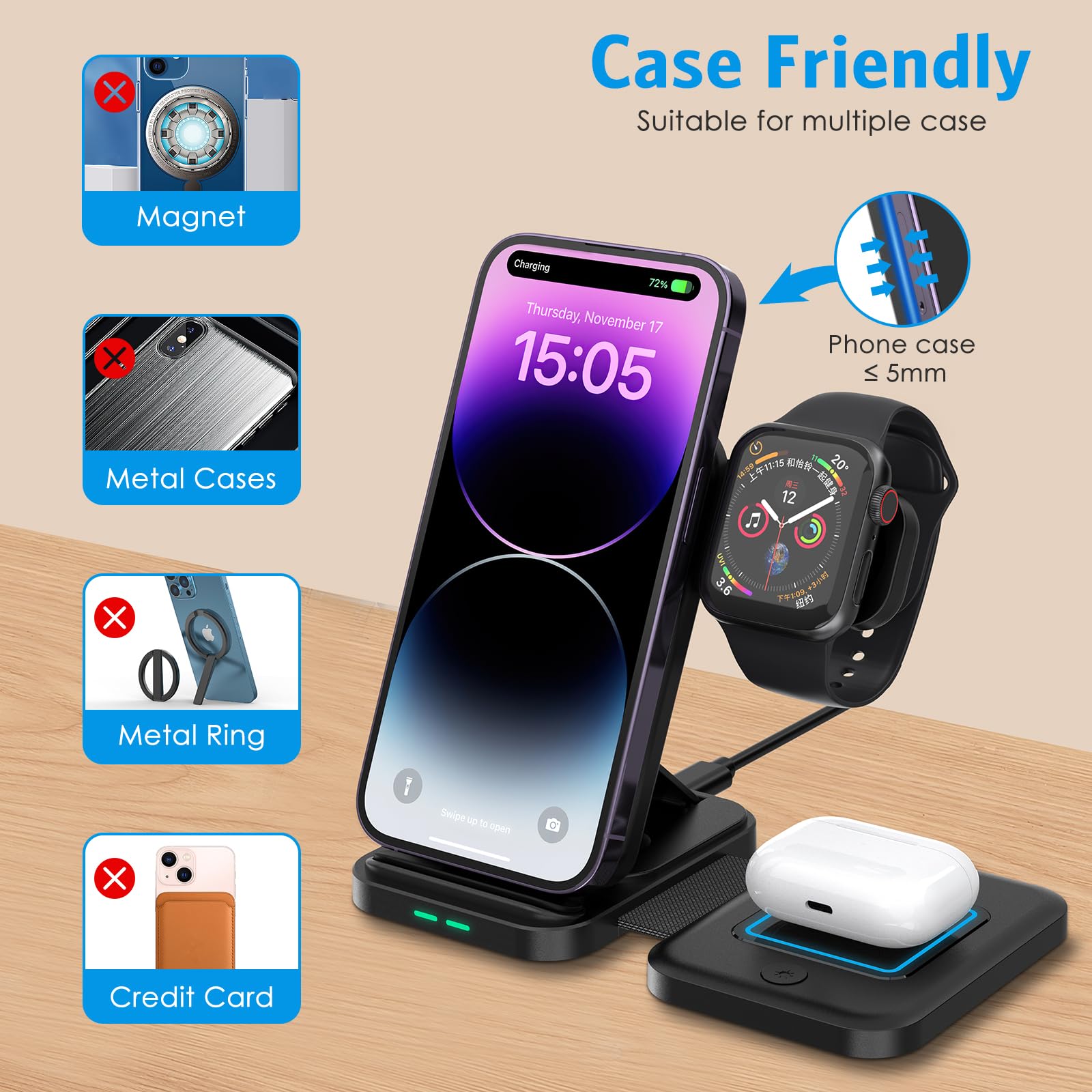 3 in 1 Foldable Wireless Charger with Magsafe - Portable Charging Station for iPhone 15/14/13/12, AirPods & Apple Watch | Fast Wireless Charger for Travel, Office & Nightstand Use