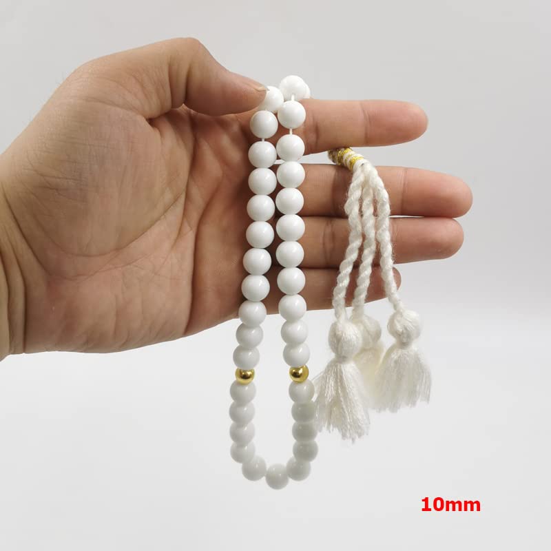 Premium White Ceramic Muslim Prayer Beads with Gold Accents - 8mm x 45 Beads Islamic Tasbih Misbaha Rosary for Ramadan, Eid & Daily Dhikr - Elegant Turkish Tassel Accessory for Prayer, Meditation & Spiritual Gifts
