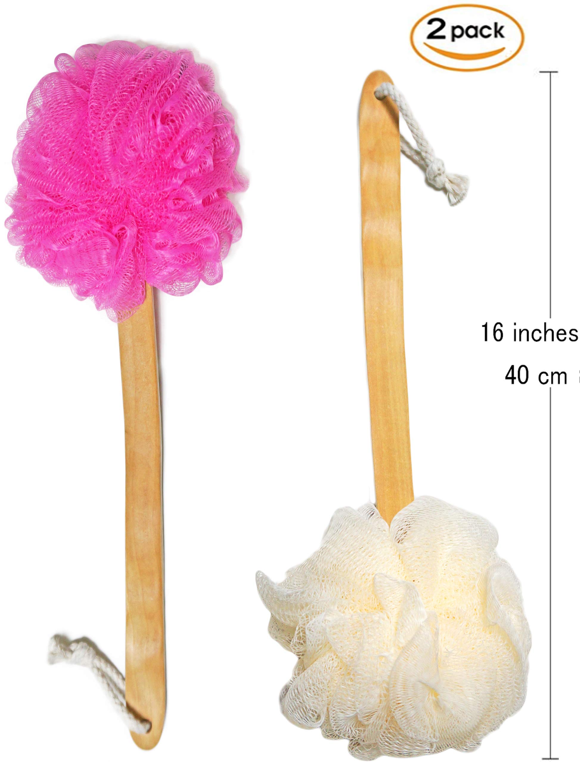 Exfoliating Shower Loofah Body Scrubber with Long Wooden Handle - Back Scrub Brush for Men & Women - Easy Reach Body Wash & Lotion Applicator (2-Pack White & Red) - Perfect for Deep Cleansing, Dead Skin Removal & Spa-Like Shower Experience