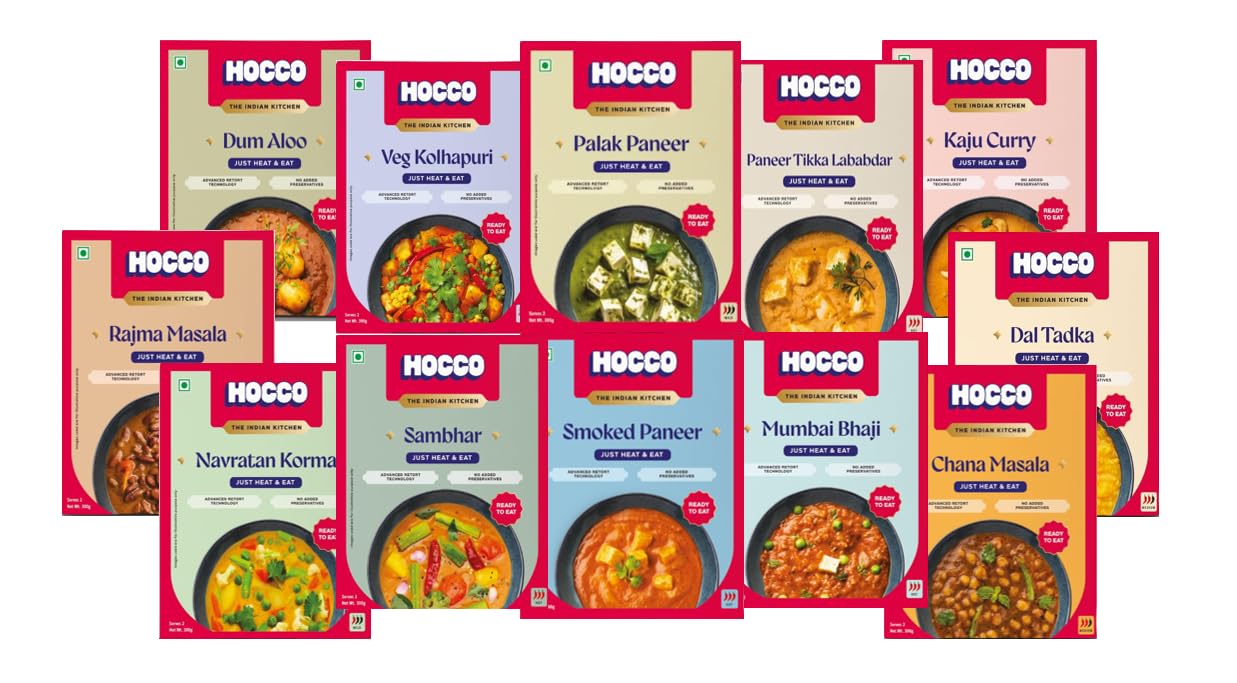 HOCCO Ready to Eat Indian Food Variety Pack - 12 Packs (24 Servings) | Smoked Paneer, Paneer Tikka, Palak Paneer, Paneer Methi Malai, Mumbai Bhaji, Chana Masala, Rajma Masala, Dal Tadka, Sambhar | Authentic South Indian Cuisine | No Preservatives | Perfect for Quick Meals, Office Lunches & Indian Food Lovers