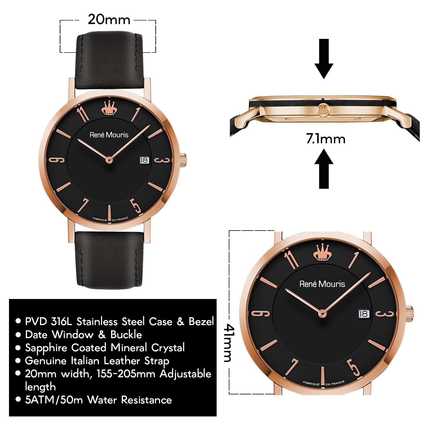René Mouris Men's Classic Quartz Watch - 41mm 316L Stainless Steel Case, Sapphire Coated Crystal, 50M Waterproof, Italian Leather Strap - Elegant Dress Watch for Business, Office & Formal Occasions
