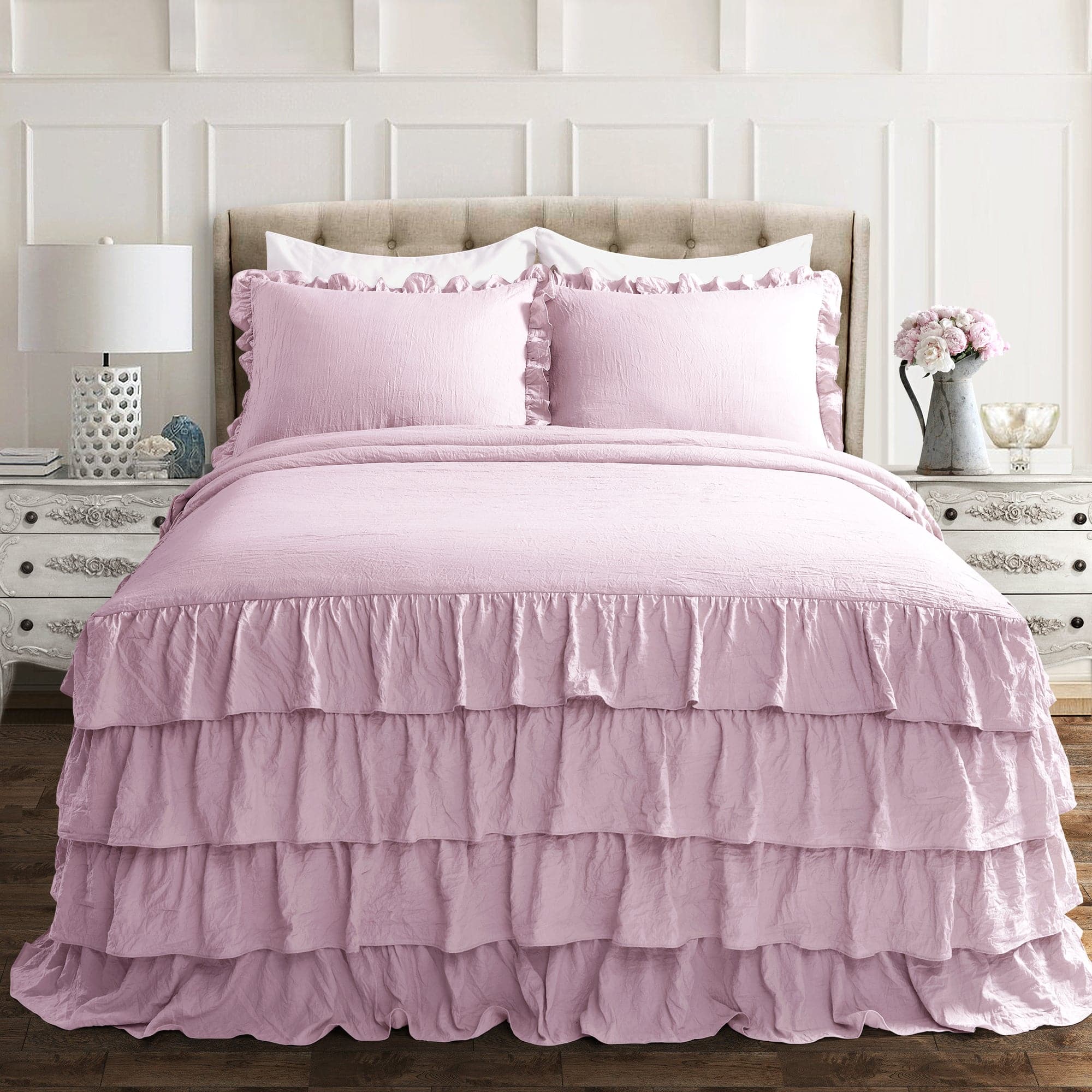 Allison Ruffle Skirt Bedspread Set - Elegant Floral Printed Queen Size Bedding with Ruffled Skirt | Perfect for Master Bedroom, Guest Room & Vacation Home Decor