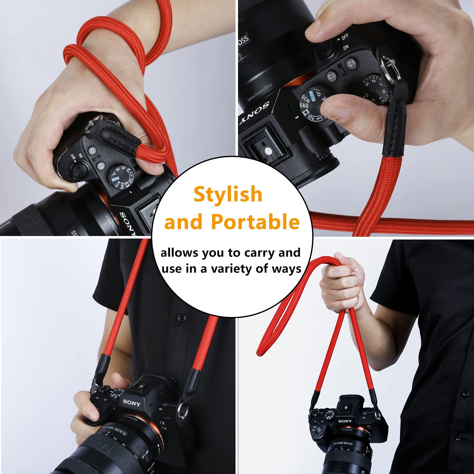 Camera Shoulder Strap - Durable Climbing Rope Neck Strap for DSLR & Mirrorless Cameras with Lens Cap Keeper (Red) - Perfect for Travel, Hiking & Outdoor Photography