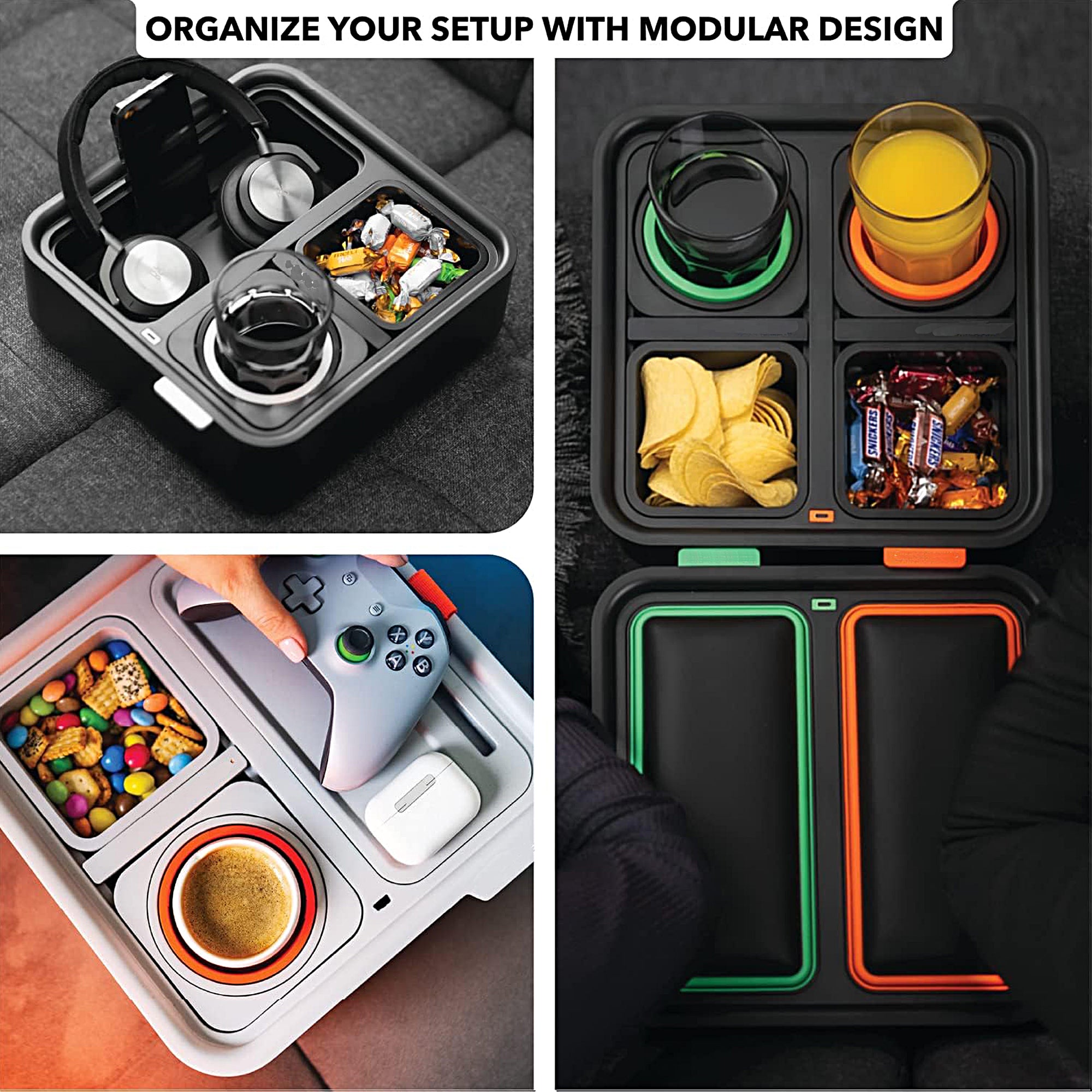 INSTA Tray - Adjustable Sofa Armrest Caddy with Cup Holder & Phone Stand for Drinks, Snacks & Remote Control - Perfect for Living Room, Bed, Couch Watching TV or Gaming