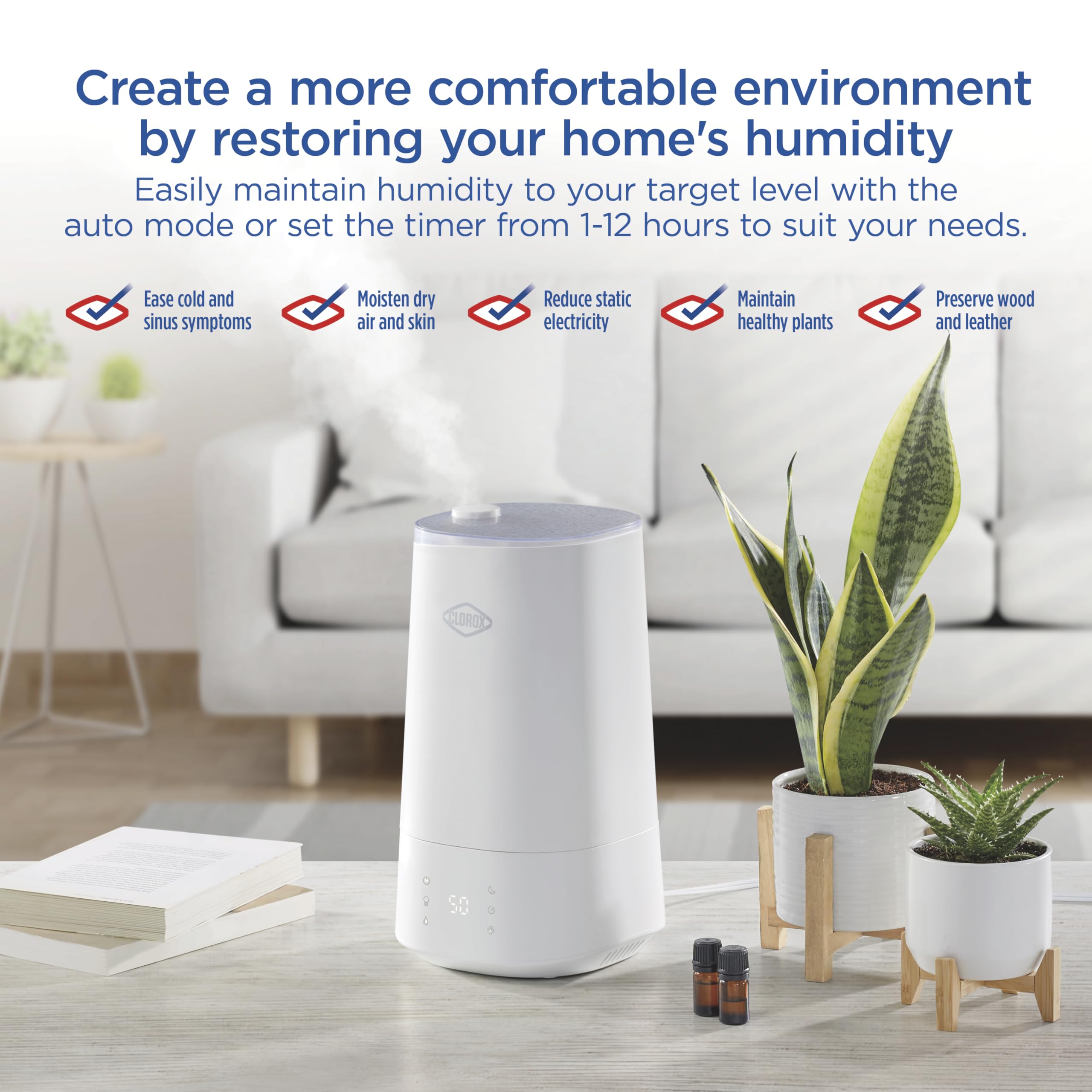 Clorox Cool Mist Humidifier with UV LED - 4L for 40H, Quiet for Bedroom