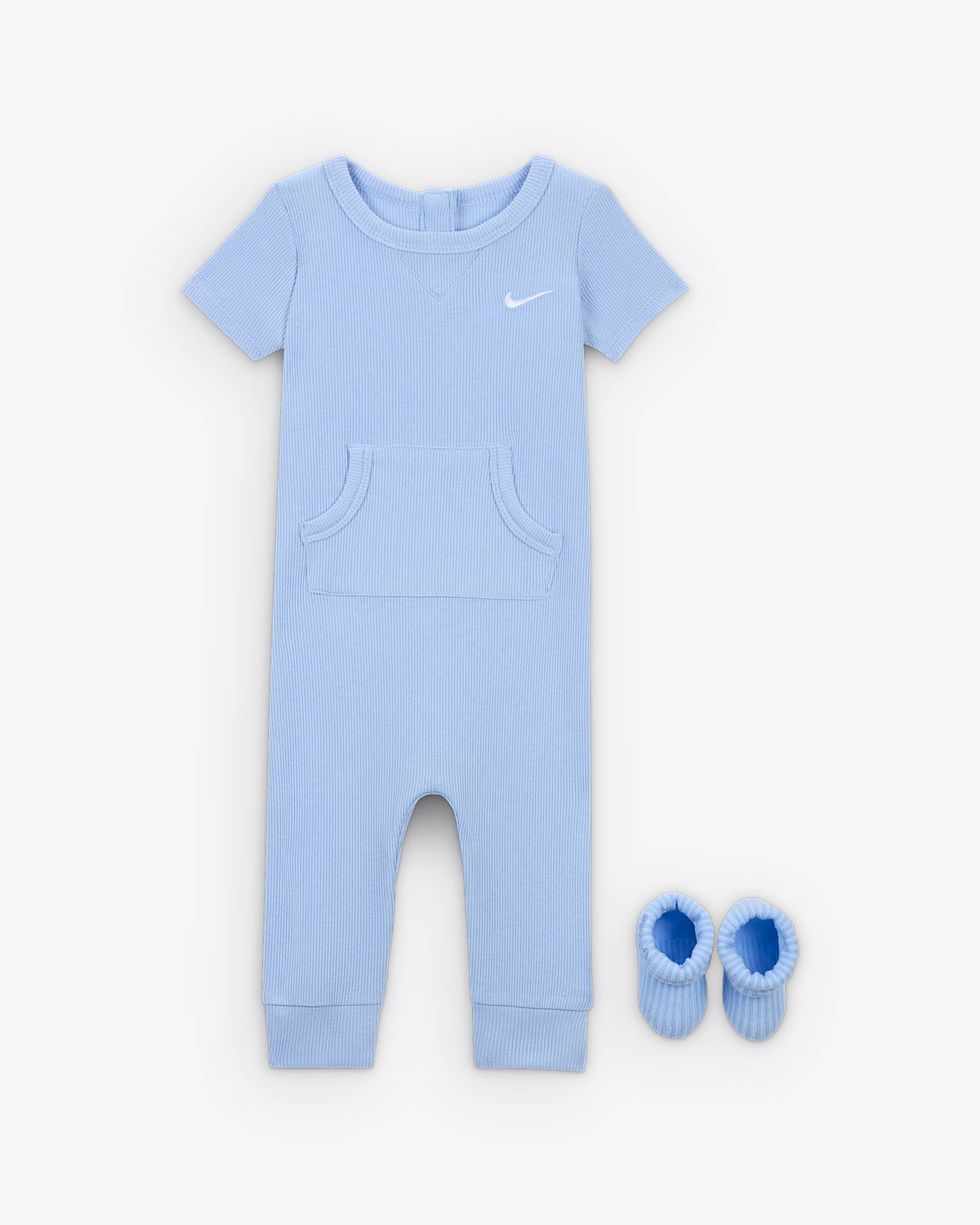 Nike Kids' Rib Knit Blue Romper and Socks Set - Soft Cotton Baby Jumpsuit with Matching Socks for Playtime, Outings & Photo Shoots
