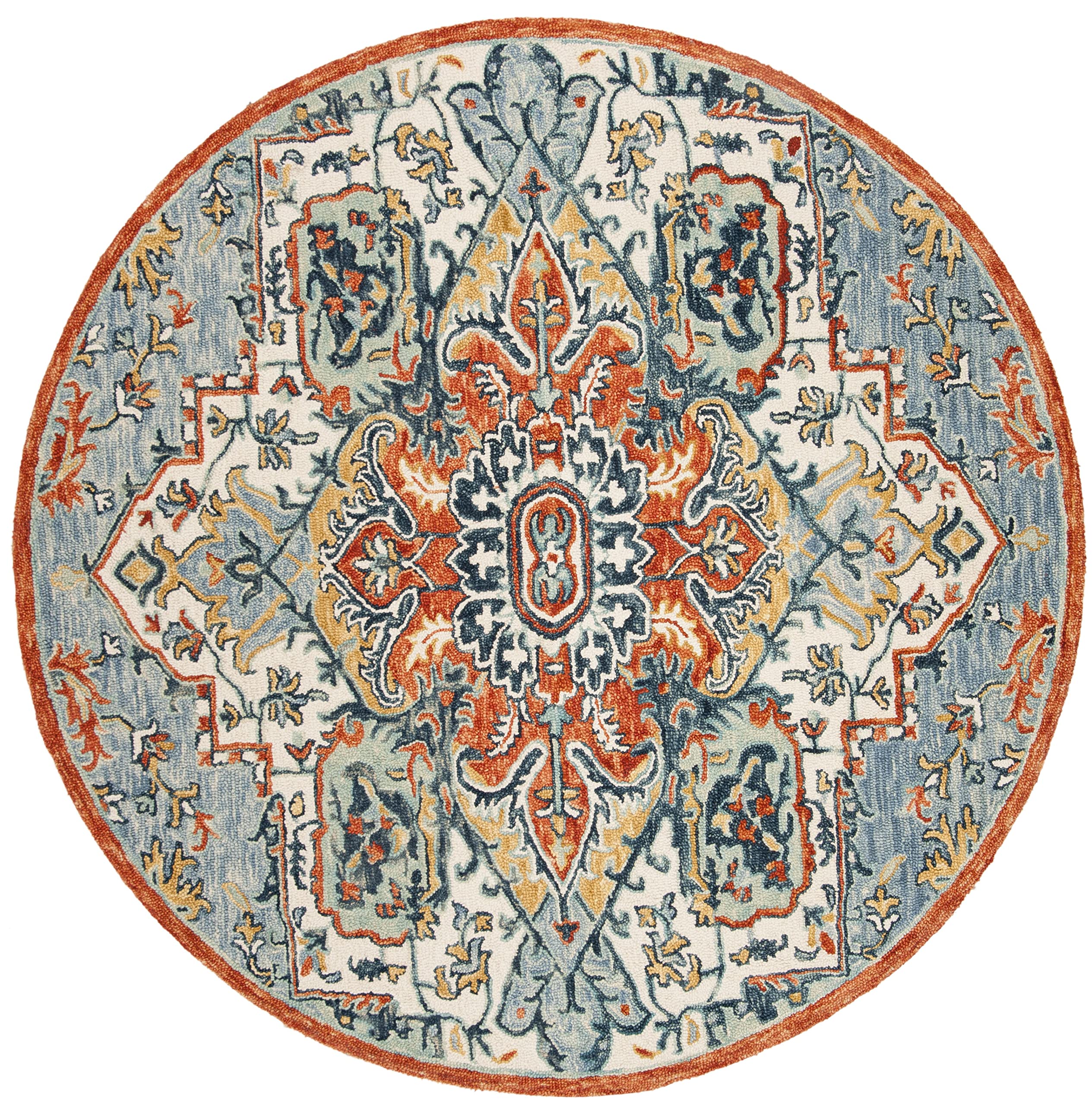 SAFAVIEH Aspen Collection 5' Round Blue/Rust APN312A Handmade Boho Premium Wool Area Rug for Entryway, Foyer, Living Room, Bedroom & Kitchen - Perfect for Boho Chic Decor & Cozy Home Spaces
