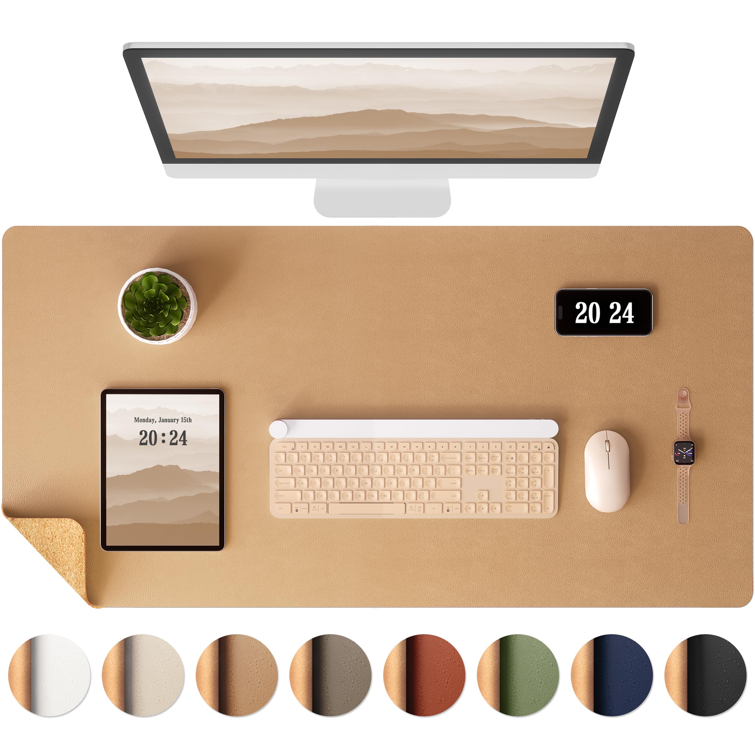 Aothia Dual-Sided Leather Desk Mat with Natural Cork Base - Large Waterproof Mouse Pad & Writing Surface for Office & Home (25.6