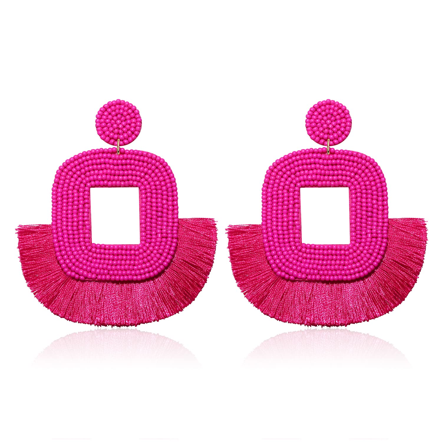 Handmade Bohemian Large Beaded Tassel Earrings for Women - Geometric Square Hoop Statement Earrings with Fan-Shaped Fringe Drop Dangle | Perfect for Parties, Weddings & Boho Fashion Accessories