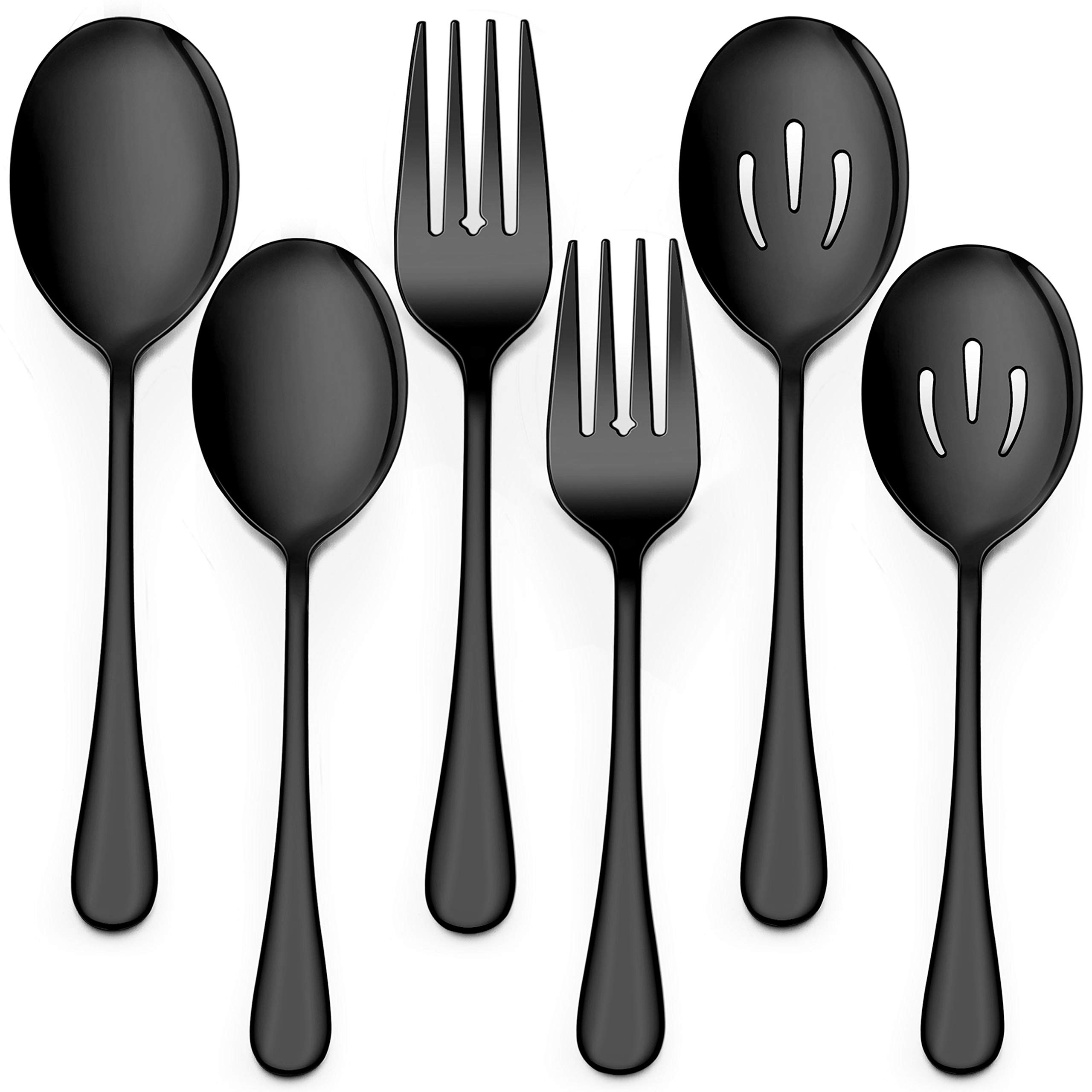 LIANYU 6-Piece Stainless Steel Serving Spoon and Fork Set - 8.75 Inch Black Buffet Utensils for Catering, Party & Banquet | Dishwasher Safe | Perfect for Weddings, BBQs, and Dinner Parties