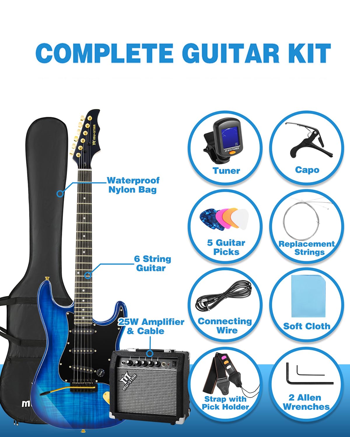 MUSTAR 39 Inch Full Size Solid Wood Electric Guitar Kit with 25W Amplifier - Beginner Electric Guitar Set Includes Gig Bag, Tuner, Capo, Strap, Cable & Picks - Perfect for Beginners, Practice, Performances & Birthday/Holiday Gifts (Blue)