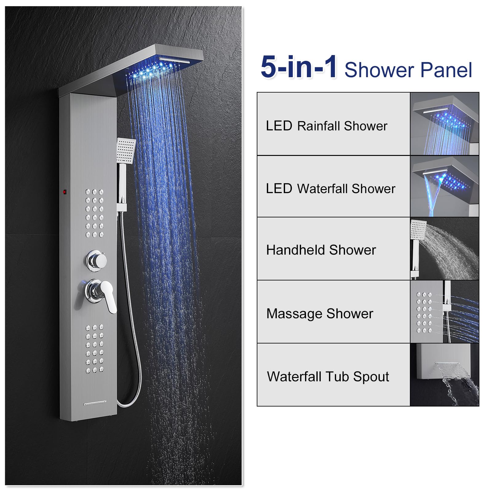 ROVATE 5-in-1 LED Shower Panel Tower System - Brushed Stainless Steel Rainfall Shower with Waterfall, Massage Jets & Handheld Sprayer - High Pressure Shower Column with Tub Spout for Luxurious Bathroom Upgrade (Perfect for Master Bath, Spa-Like Experience)