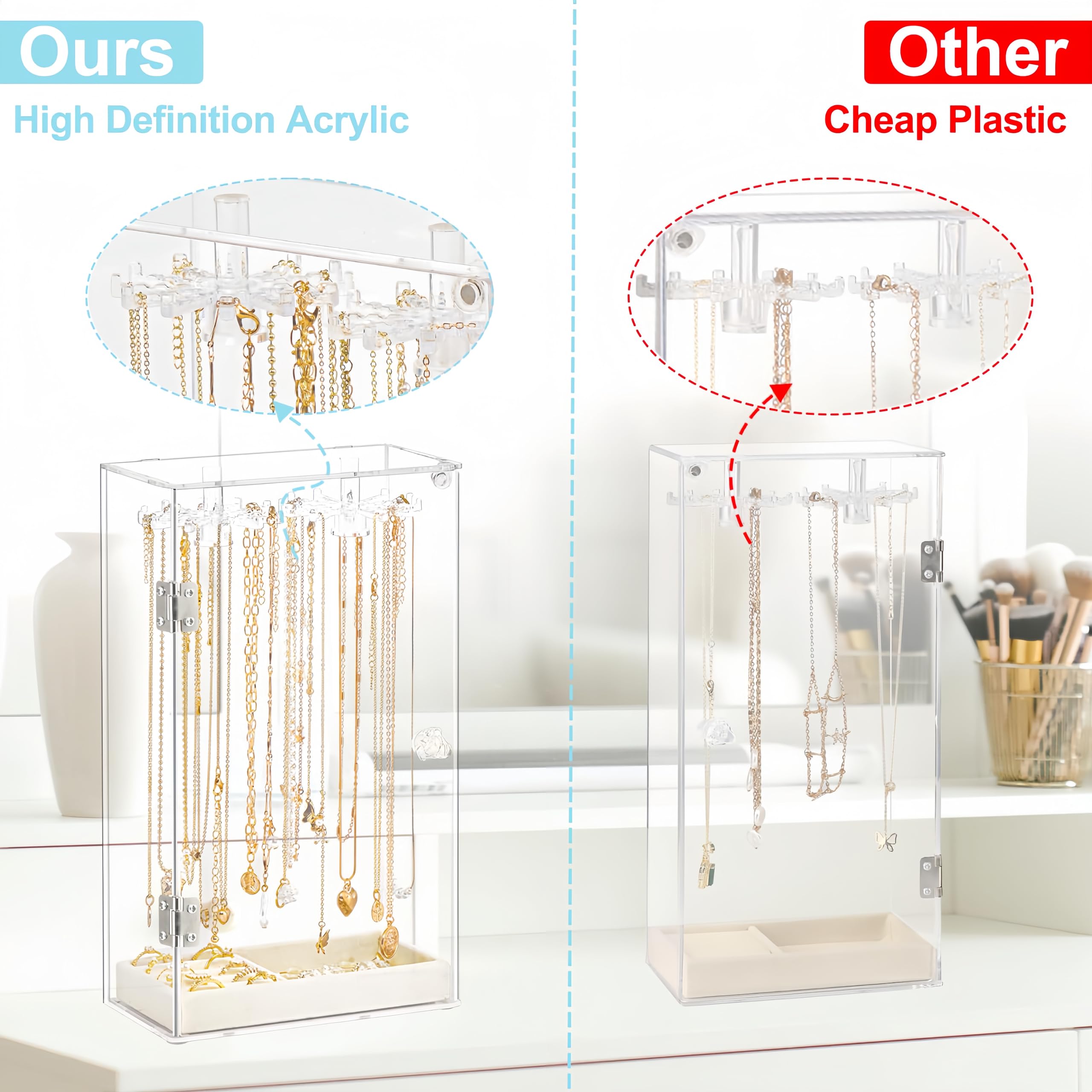 Clear Rotatable Acrylic Necklace Holder & Jewelry Organizer Display Case - Beige Velvet Tray for Rings, Earrings, Pendants & Bracelets | Perfect for Closet, Vanity & Retail Store Jewelry Display