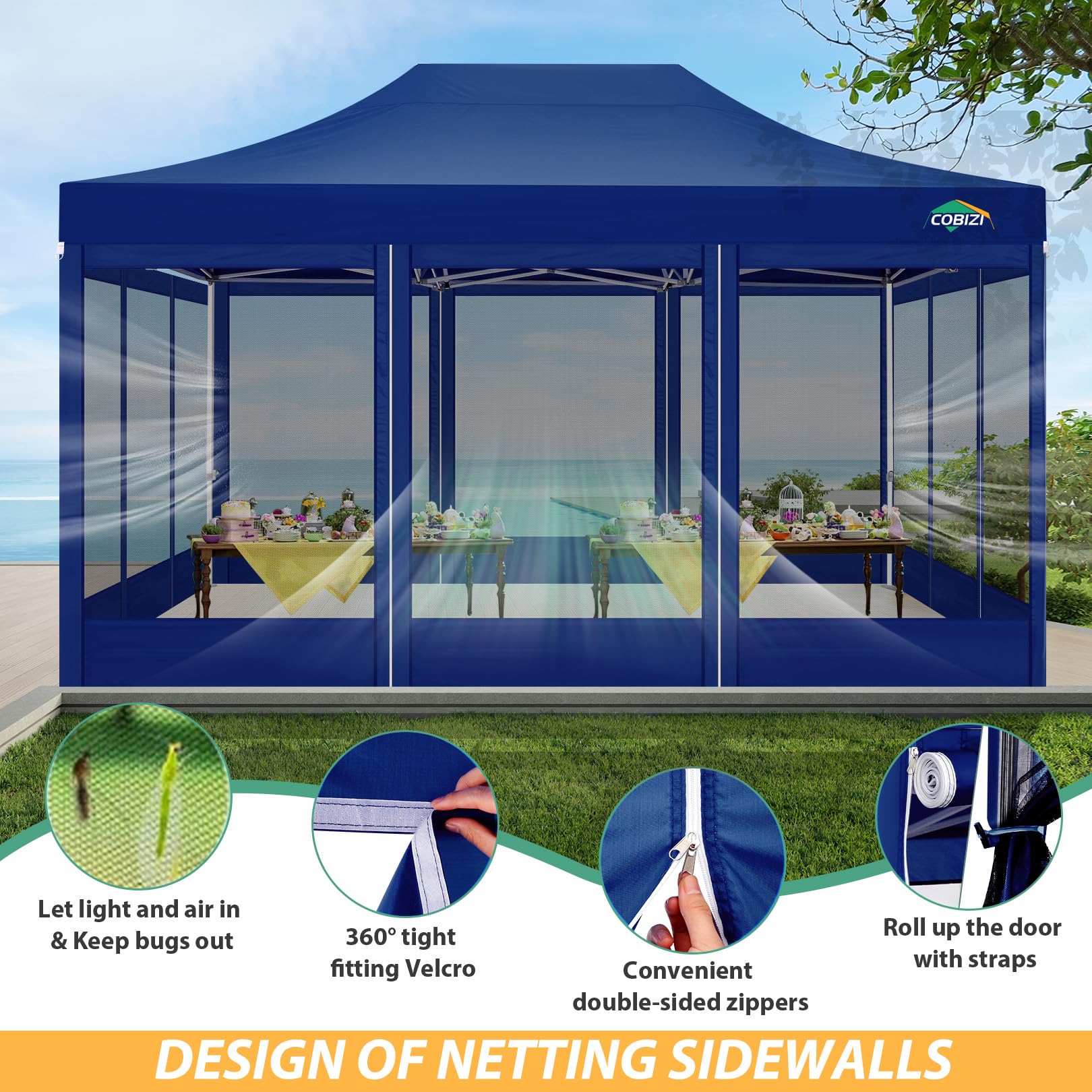 COBIZI 10x15 Pop Up Canopy Tent with 4 Sidewalls - Heavy Duty Instant Outdoor Shelter with Mosquito Net & Carry Bag | Perfect for Backyard Parties, Camping, Beach Outings & Outdoor Events (Deep Blue)