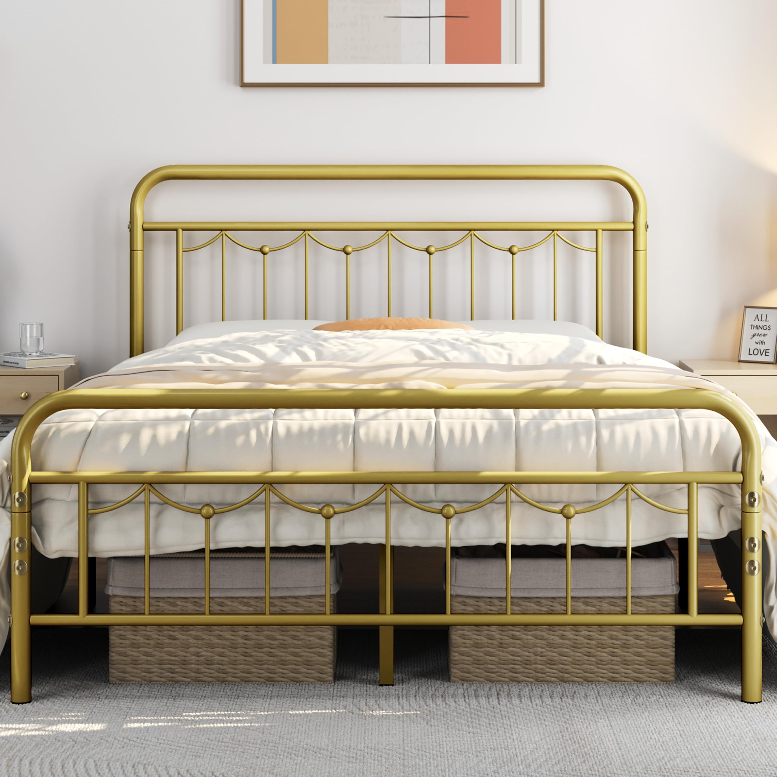 Yaheetech Queen Size Metal Bed Frame with Vintage Headboard & Footboard - Heavy Duty Steel Platform Bed with Slat Support, No Box Spring Needed - Farmhouse Style Bedroom Furniture for Ample Under-Bed Storage - Perfect for Guest Rooms, Master Bedrooms & Cozy Farmhouse Decor (Antique Gold)