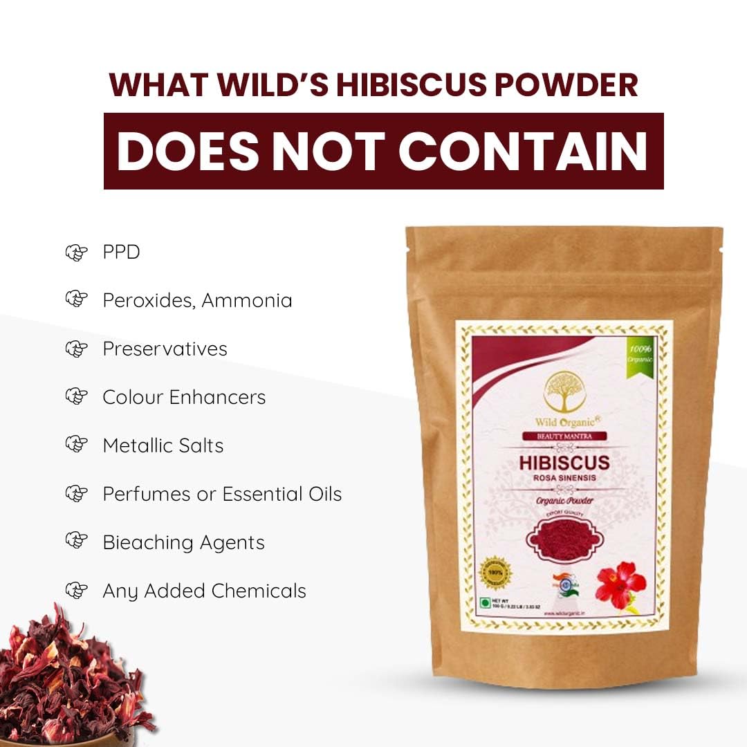 WILD ORGANIC 100% Natural Hibiscus Flower Powder (Rosa Sinensis) - 100g for Face Mask & Hair Growth Treatment | DIY Beauty Care, Skin Brightening & Scalp Nourishment