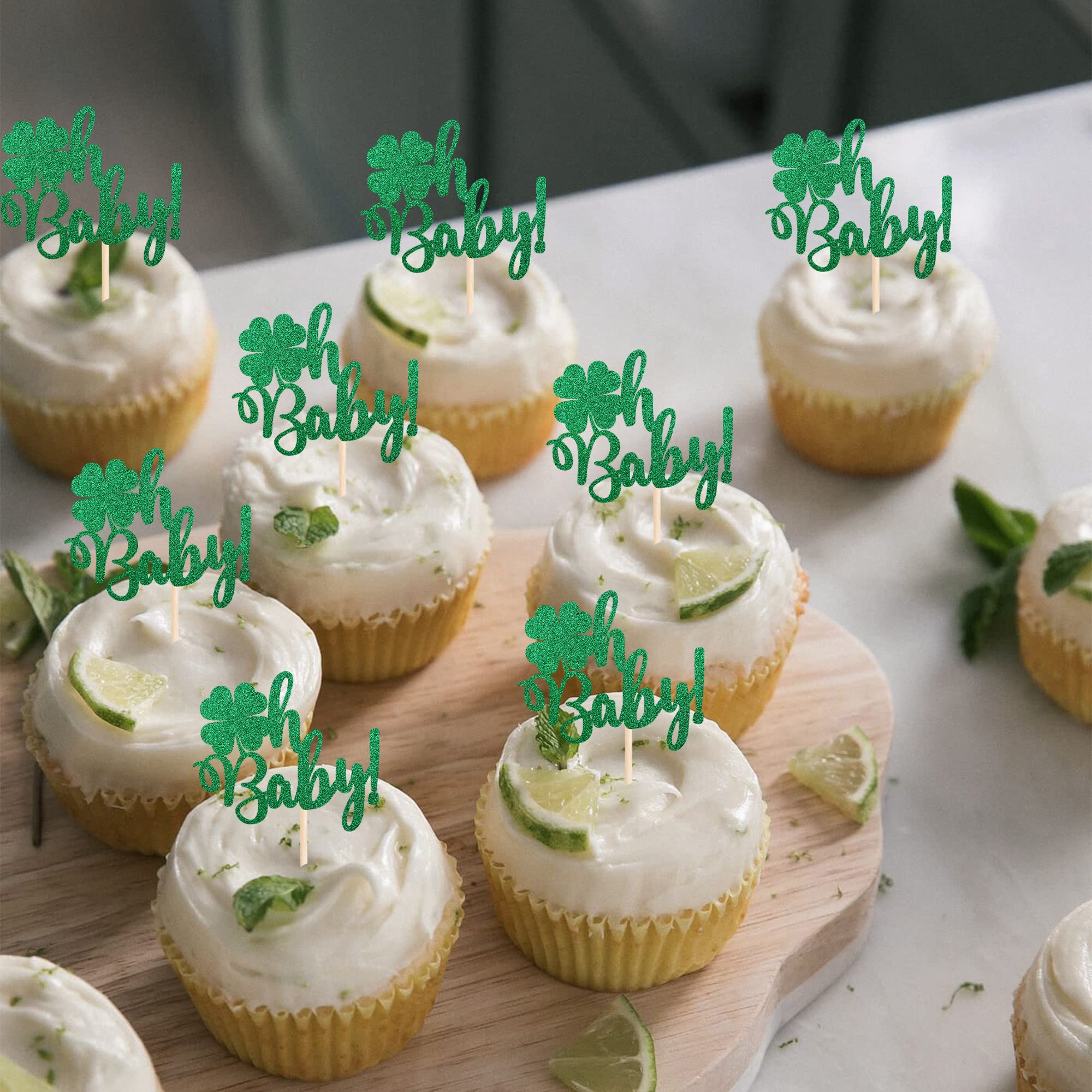 24 PCS St. Patrick's Day Cupcake Toppers - Green Glitter Shamrock & Lucky Four Leaf Clover Decorations for Baby Shower, Birthday Party & Cake Decorating Supplies | Perfect for Irish-Themed Celebrations and Festive Dessert Displays
