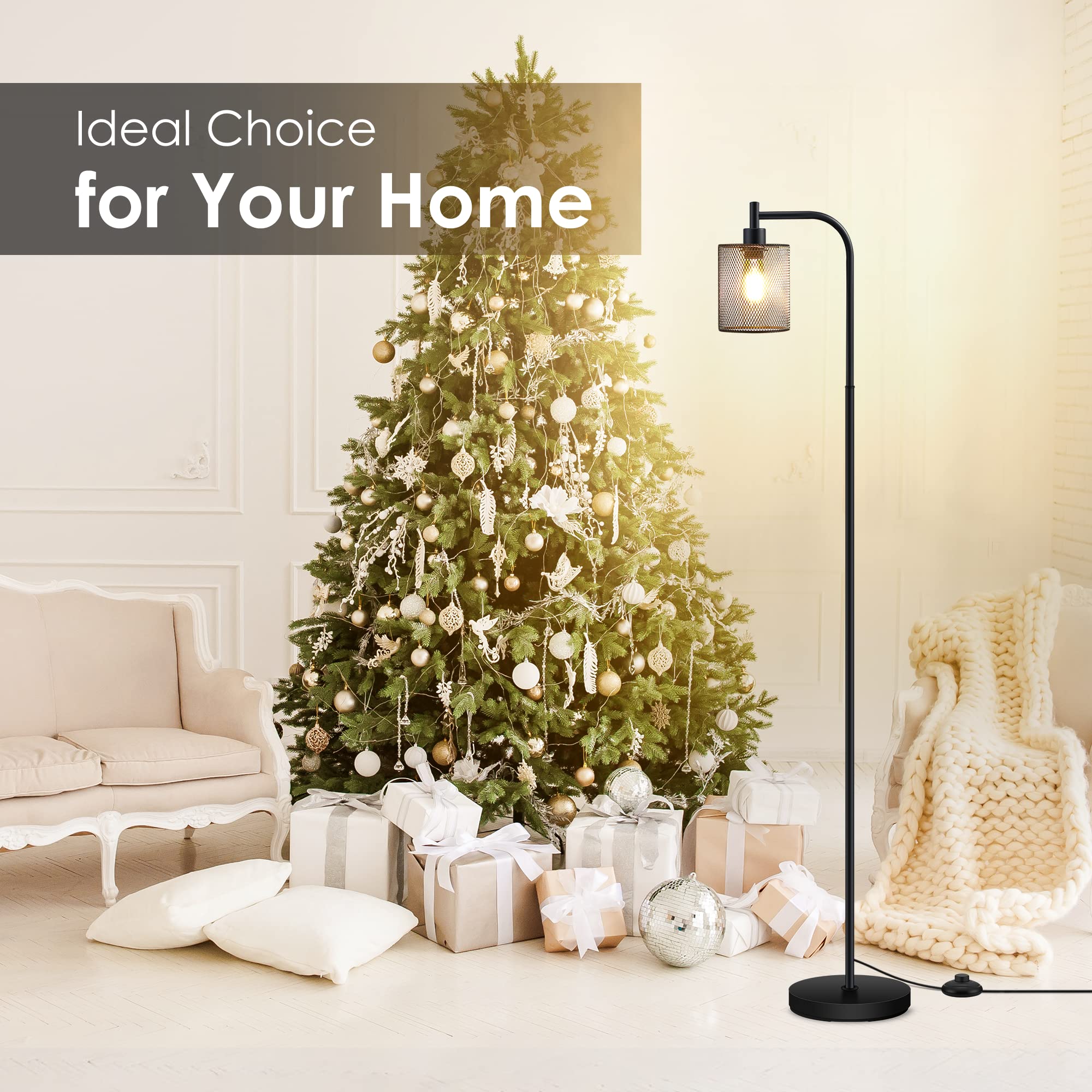BoostArea Industrial Floor Lamp - 6W LED Standing Lamp with Hanging Iron Mesh Shade, Metal Farmhouse Floor Light with Foot Switch, Rustic Lighting for Living Room Bedroom Office (Black) | Perfect for Reading Nook, Home Office, and Cozy Corners