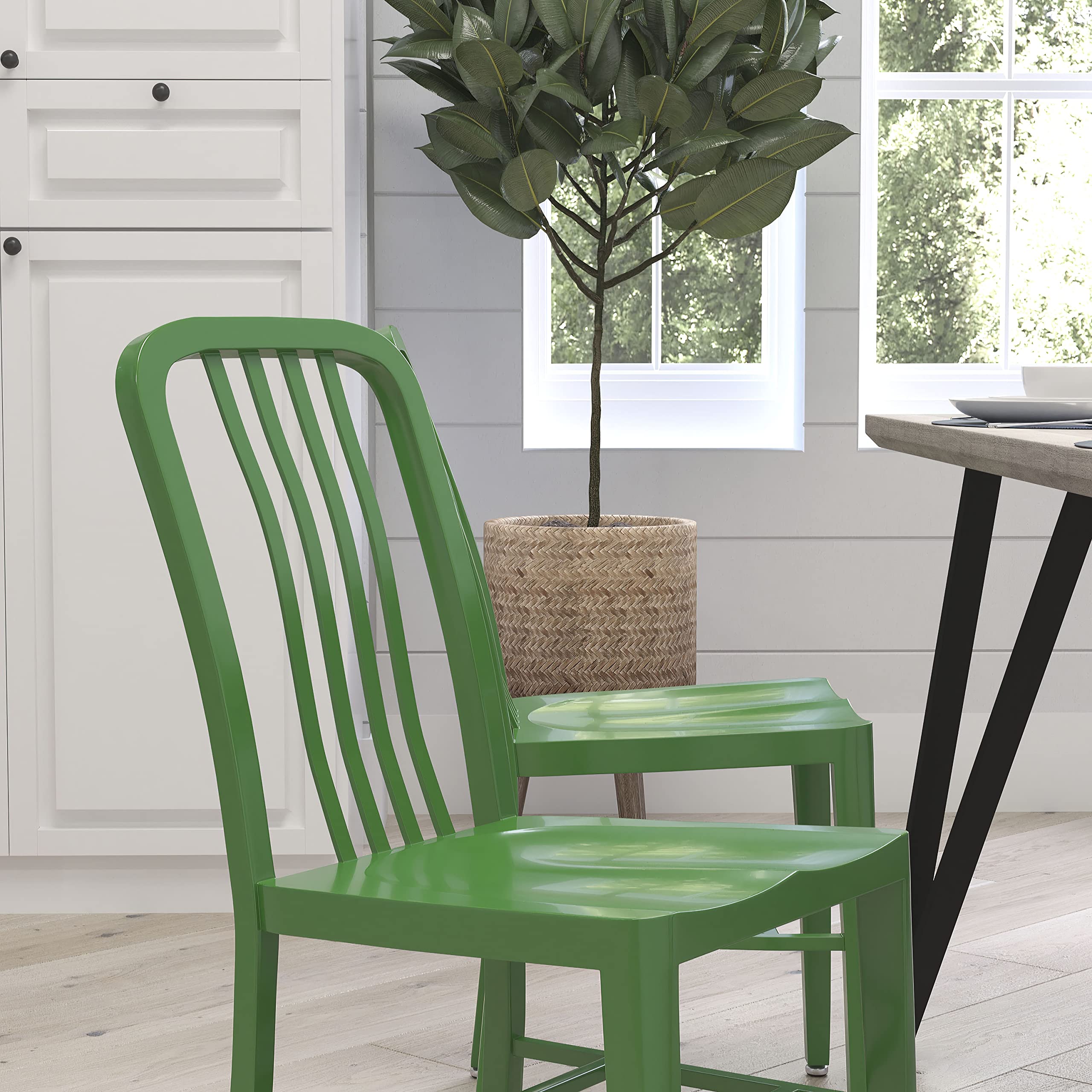Merrick Lane Santorini Indoor/Outdoor Dining Chair - Green Galvanized Steel Frame - 18 Inch Seat - Slatted Back - Perfect for Patio, Garden, and Dining Room Decor