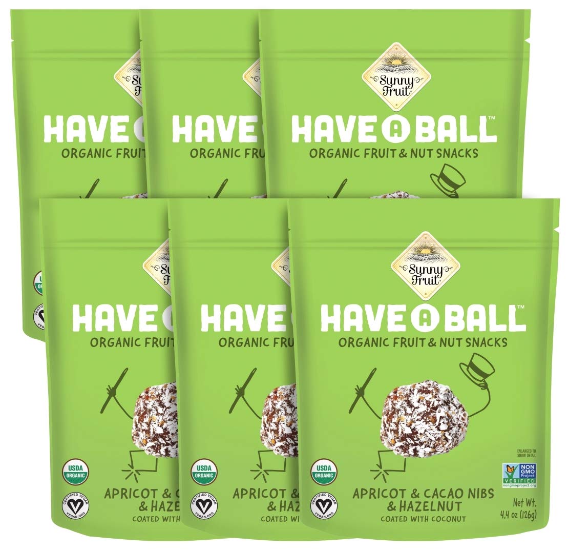 Organic Sunny Fruit Apricot Cacao Hazelnut Energy Balls - 6 Pack (9 Balls per Bag) | 100% Raw Vegan Gluten-Free Snacks | No Added Sugar, Kosher Certified | Perfect for Hiking, Office Snacks & Healthy On-the-Go Nutrition