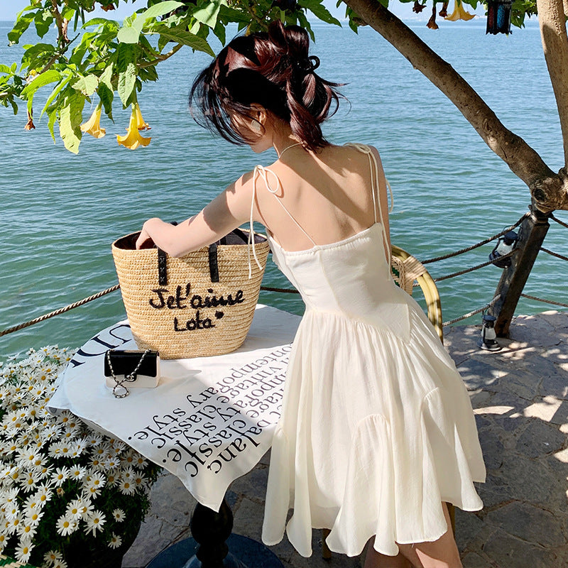 2023 New Summer Beige Bow Spaghetti Strap Dress for Women - Casual Beachwear, Party Outfit & Date Night Dress