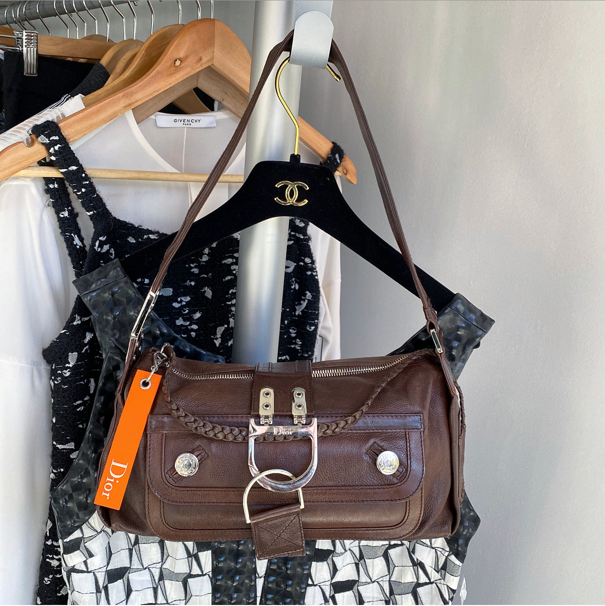 Vintage Christian Dior Galliano 2006 Brown Leather Flight Shoulder Bag - Authentic Designer Handbag for Women, Travel & Everyday Use