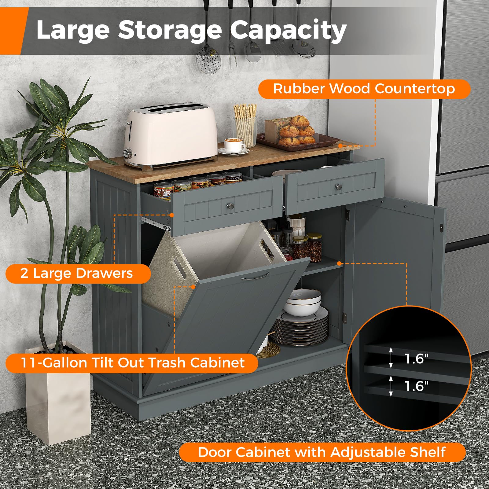 Freestanding Tilt-Out Trash Cabinet with 2 Drawers & Adjustable Shelf - Rubber Wood Countertop Kitchen Island Organizer, Laundry Hamper & Pet-Proof Recycling Bin Holder (Gray) | Perfect for Small Kitchens, Laundry Rooms & Pet-Friendly Homes