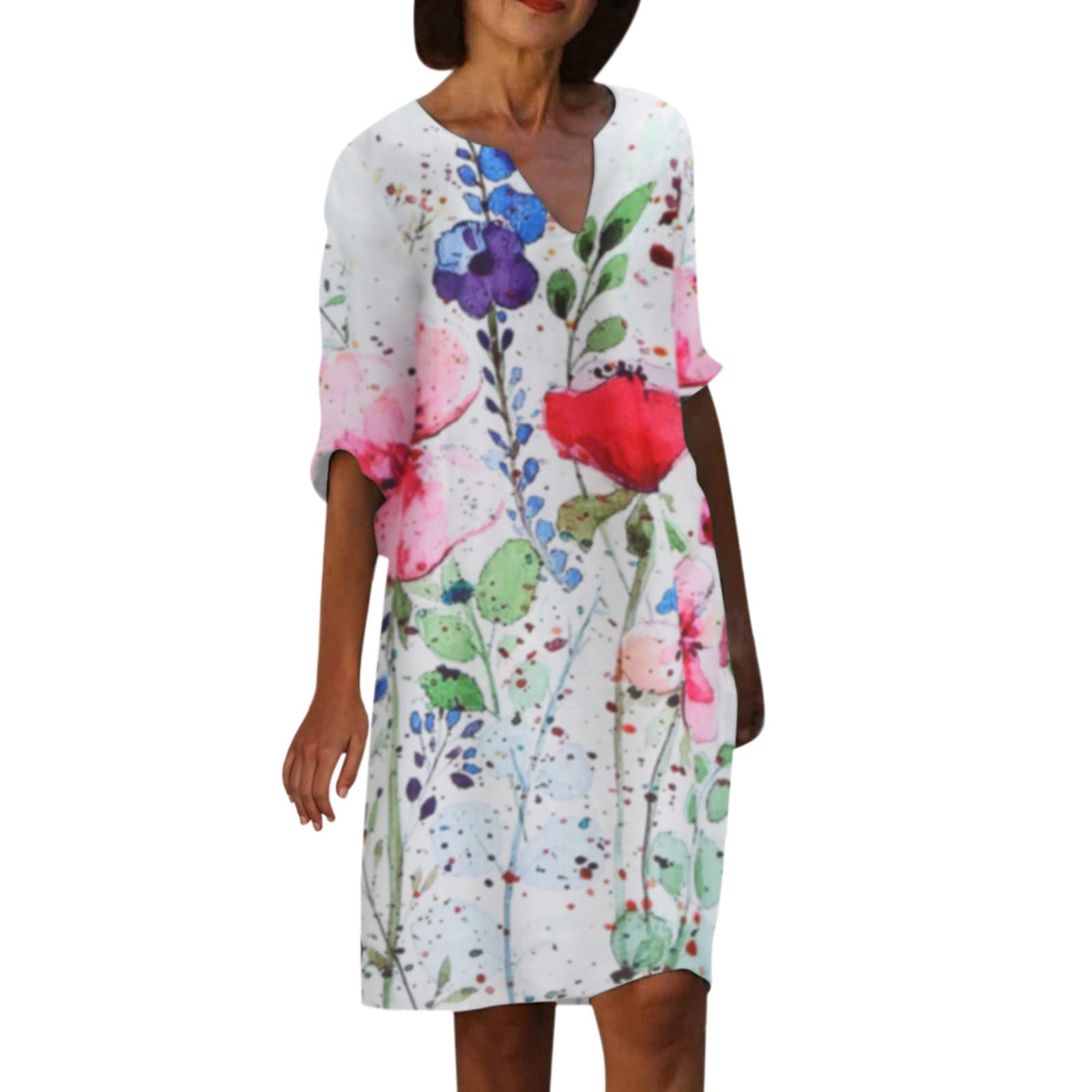 Women's Casual Summer V-Neck Half Sleeve Printed Sundress - Knee Length Midi Dress for Beach, Party & Daily Wear | Fashionable & Sexy Floral Dress