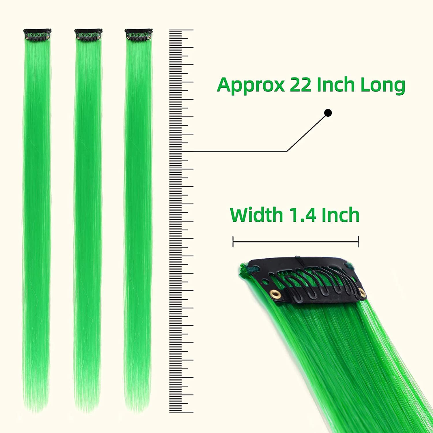 BOXO Set of 2 Clip-in Hair Extensions - Green Colored Strips for Women & Girls | Easy to Use Hair Highlights for Parties, Cosplay & Daily Styling