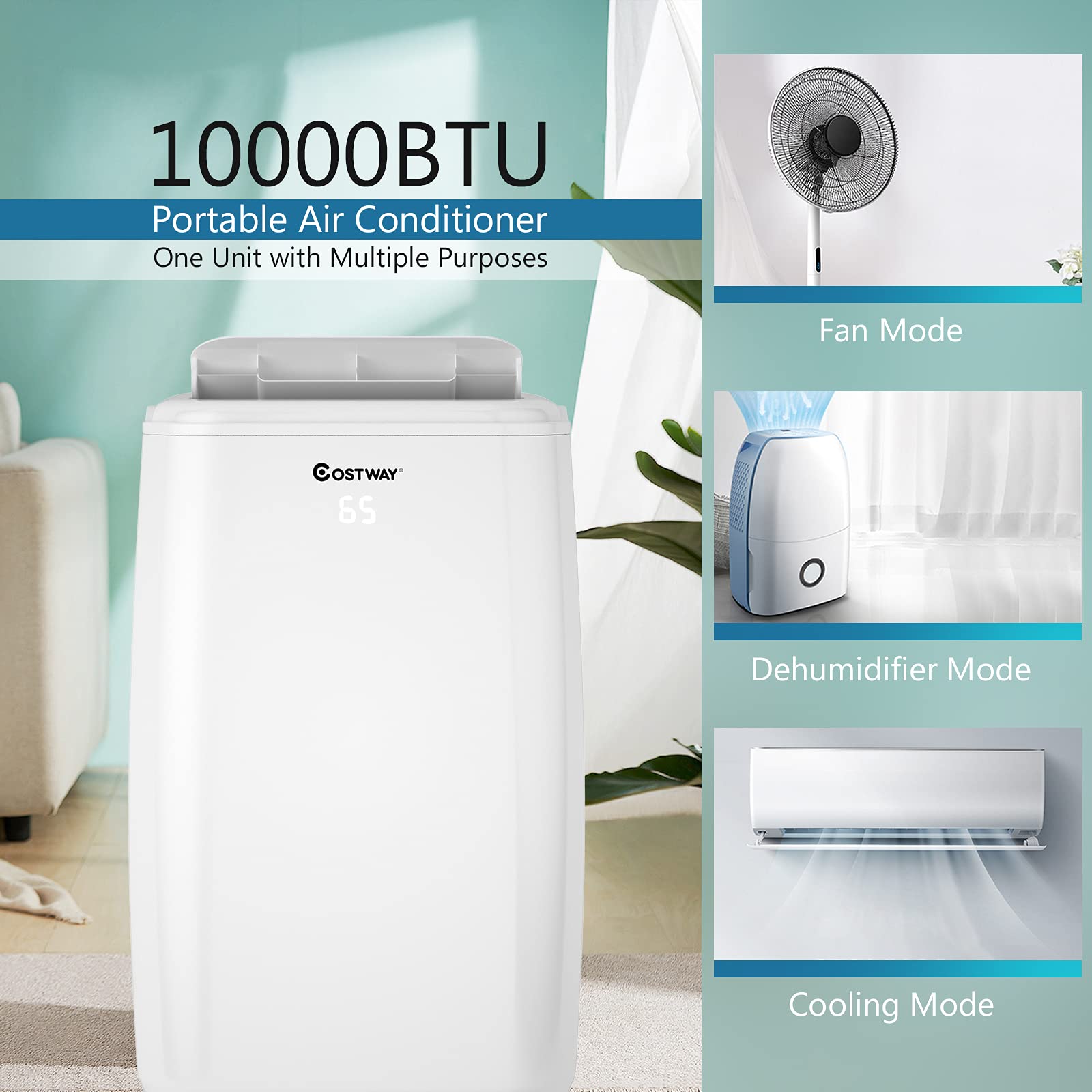 COSTWAY 10,000 BTU Portable Air Conditioner - Cools Rooms Up to 350 Sq.Ft | 3 Cooling Modes, Remote Control, Washable Filter | 3 Fan Speeds & Sleep Mode for Bedroom, Office & Small Apartment Cooling