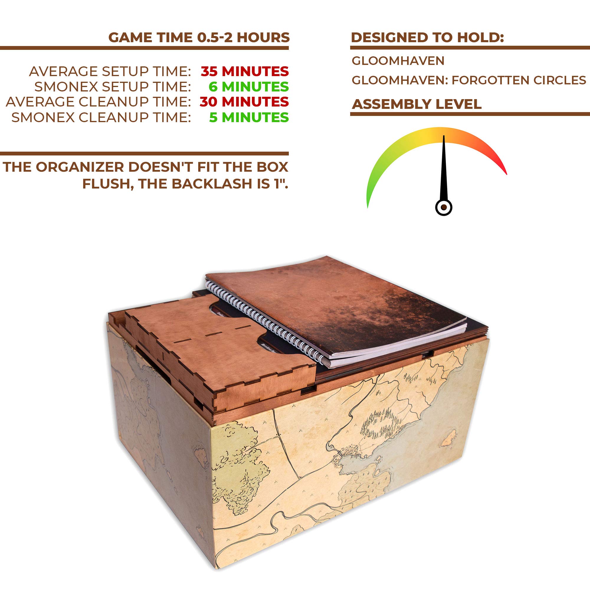 SMONEX Wooden Organizer & 4 Player Boards for Gloomhaven Board Game - Storage Box Fits All Expansions - Premium Insert for Game Organization - Perfect for Game Nights & Tabletop RPG Storage