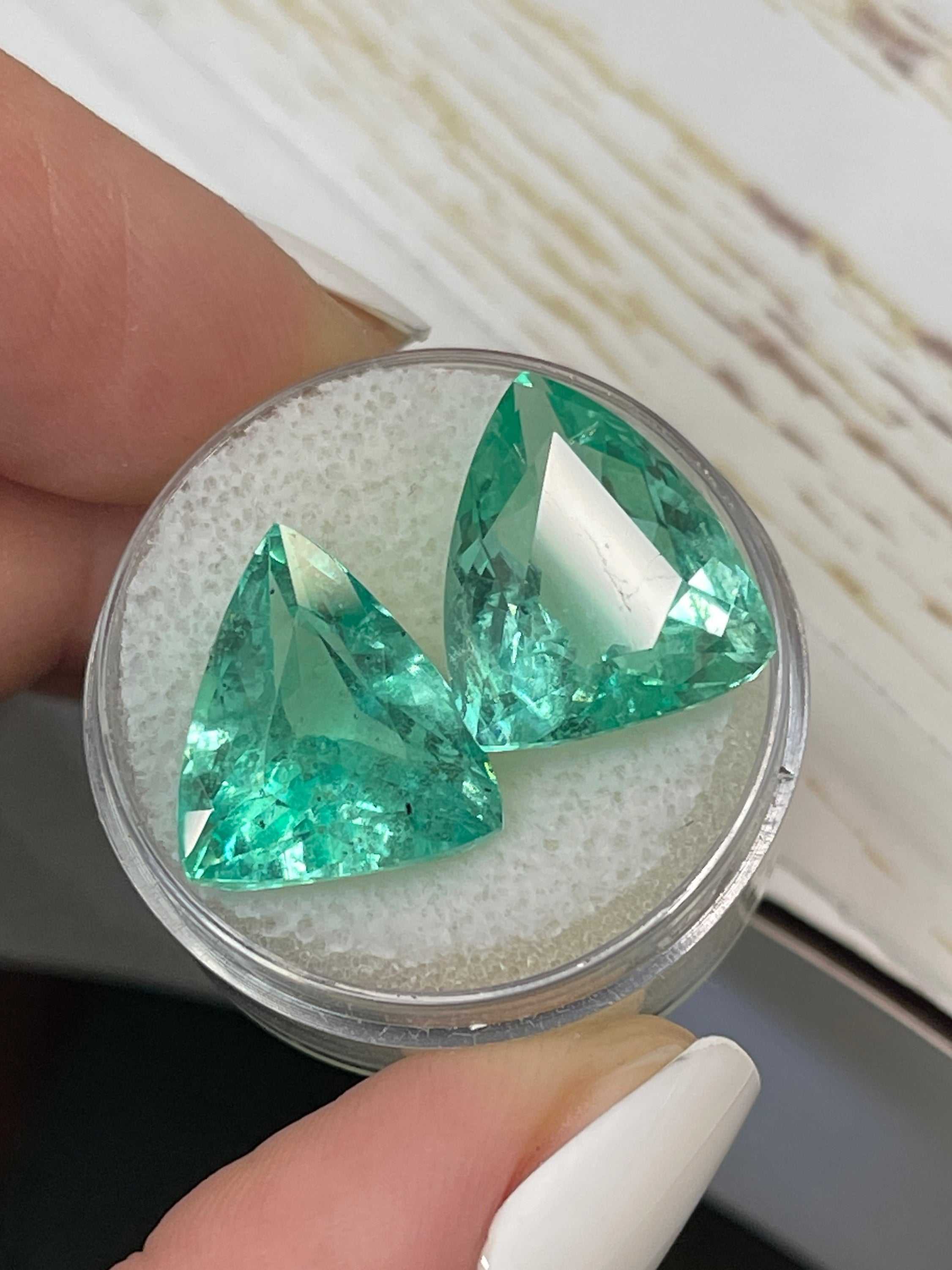 15.76tcw Natural Colombian Emerald Loose Gemstones - Matching Pair 15x13mm Green Trillion Cut for Jewelry Making, Engagement Rings & Custom Designs