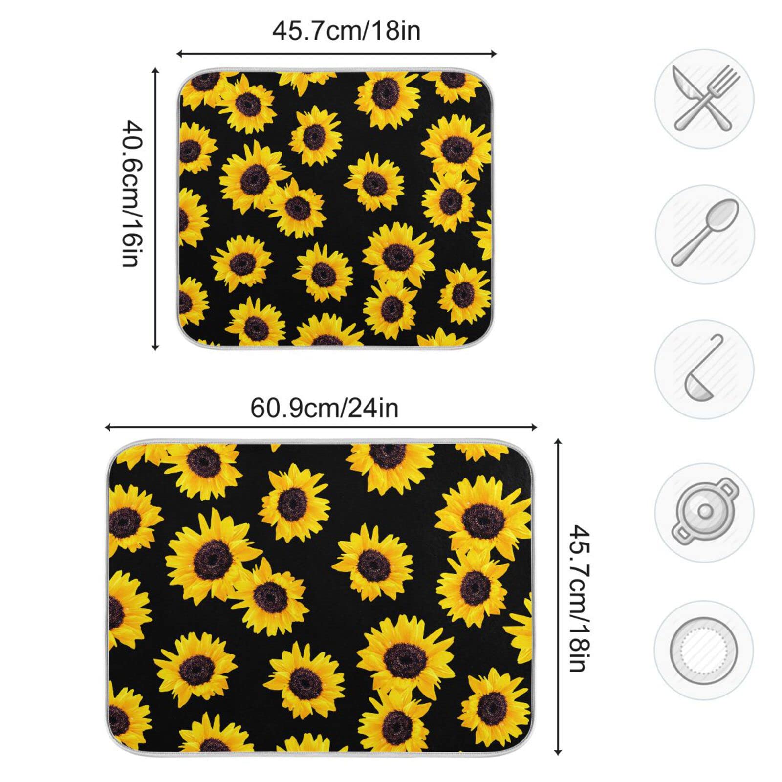 Sunflower Printed Microfiber Dish Drying Mat - 18x24 Inch Absorbent Kitchen Countertop Drainer - Perfect for Drying Dishes, Utensils & Cookware - Ideal for Kitchen Counter, Sink Area & Dish Rack Use