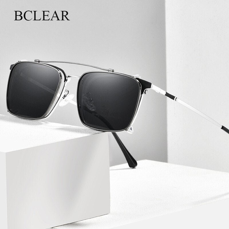 Bclear Men's Full Rim Square Alloy Frame Eyeglasses with Clip-On Polarized Sunglasses ZT95004 - Stylish Reading Glasses & Sun Protection for Driving, Outdoor Activities