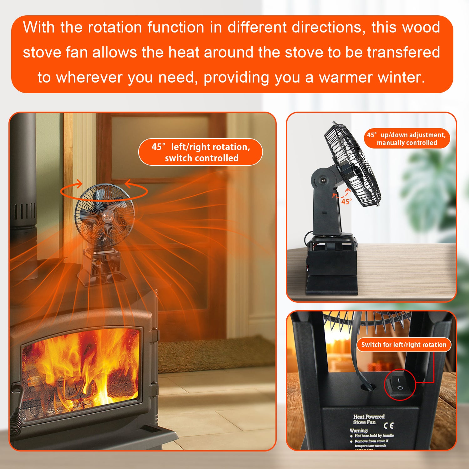 Eco-Friendly Heat Powered Oscillating Stove Fan with Shell Protection - Silent & Efficient for Wood Stoves, Fireplaces & Home Heating - VDSF695RB