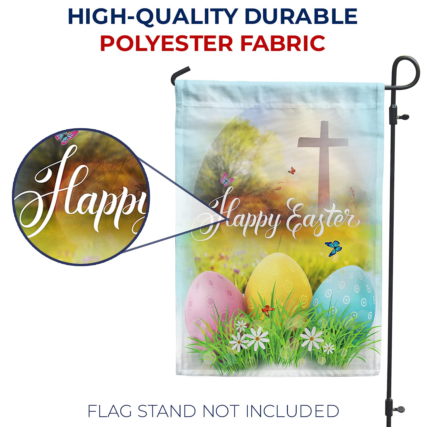 Happy Easter Garden Flag - 12.5 x 18 Inch Double Sided Religious Cross Design with Easter Eggs - Spring Seasonal Outdoor Yard Decoration for Home, Church & Holiday Celebrations